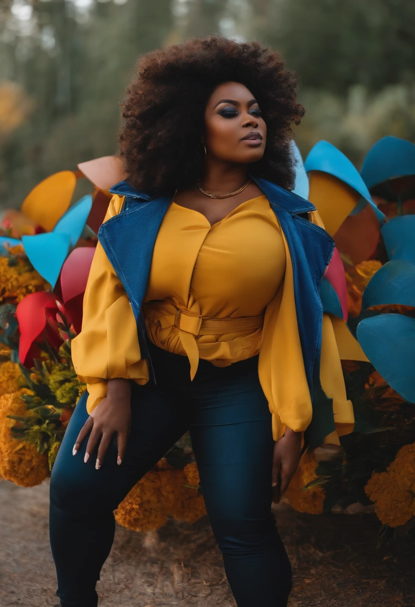 Round black woman with a beautiful big shaped chest dressed in a jacket and jeans
