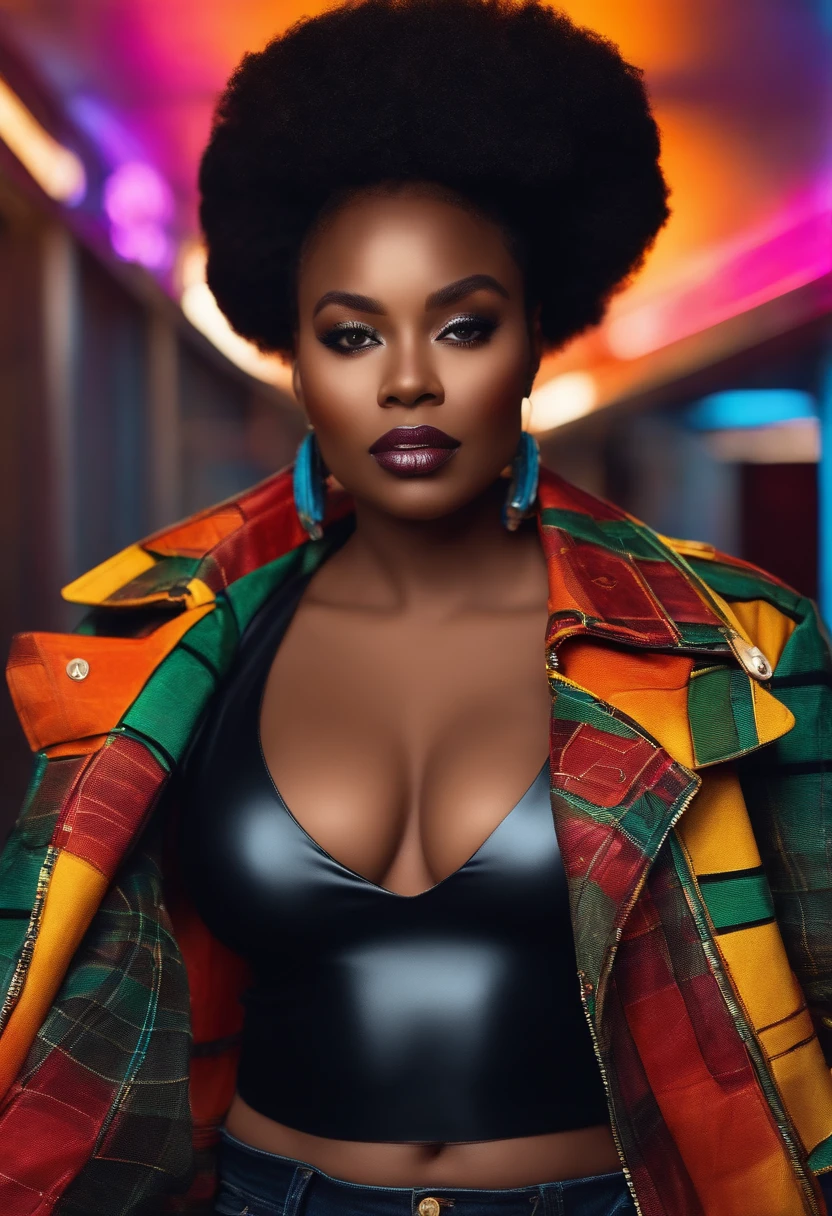 Round black woman with a beautiful big shaped chest dressed in a jacket and jeans