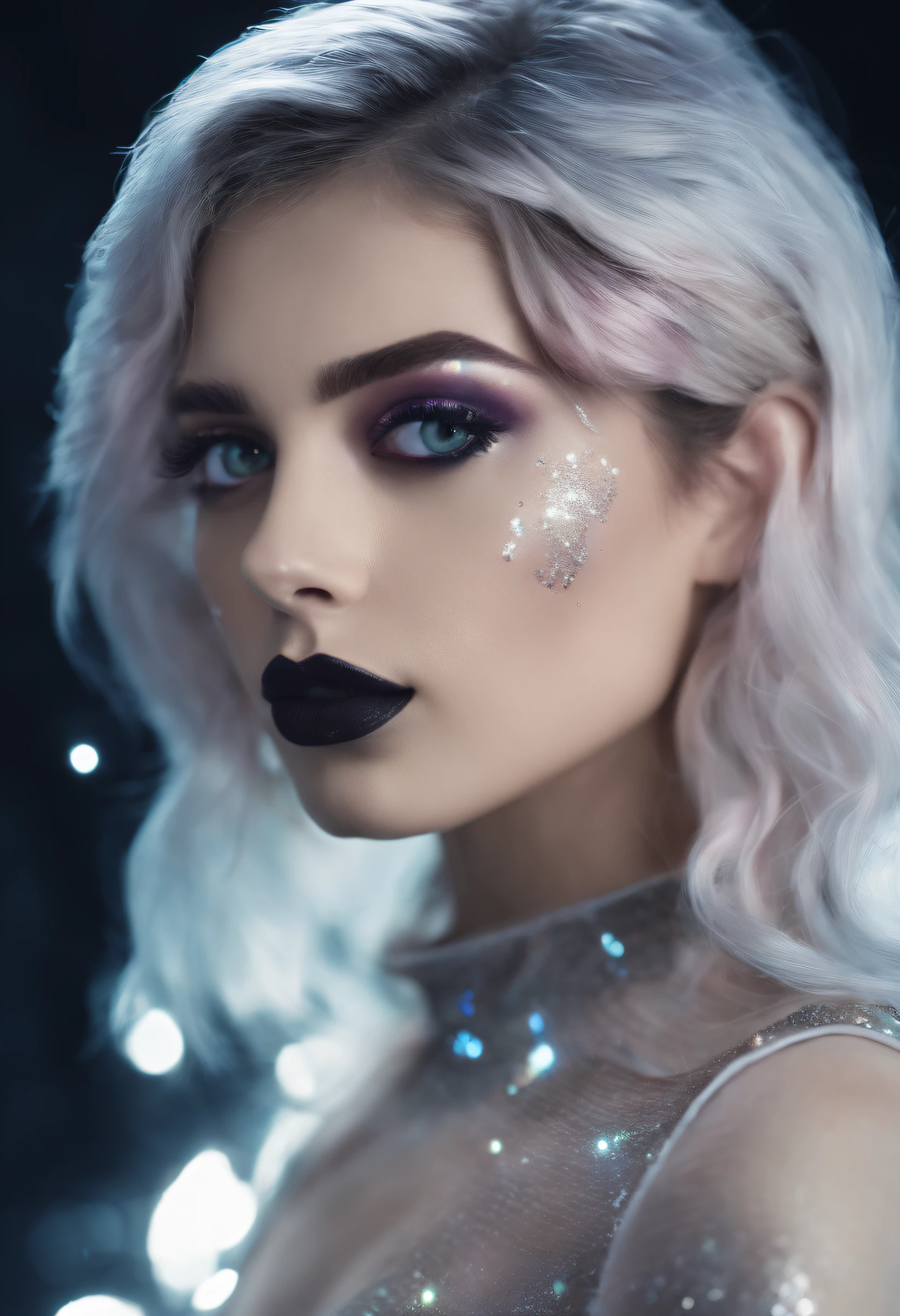 RAW photo of young Greek woman, color photograph, half length picture, close up portrait, ((a realistic photo of a beautiful young 18yo girl)), shadows, ((silver wing eyeliner)), (dark lipstick), ((pale iridescent skin)), dark eyes, leaning towards viewer, looking at viewer, sensual, erotic pose, smirk, shy, expressive hair, (dark hair), perfect facial features, perfect realistic skin, high quality, very detailed face, night, small breasts, futuristic model, fashion editorial style