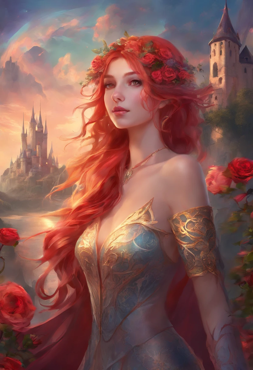 A Masterpiece Anime Style, Fantasy World,  Red Hair woman dressed in roses, A medieval Castle, Lightning, Bioluminicens, Perfect Face, Cinematic, poste, Dark fantasy, Vibrant, HD