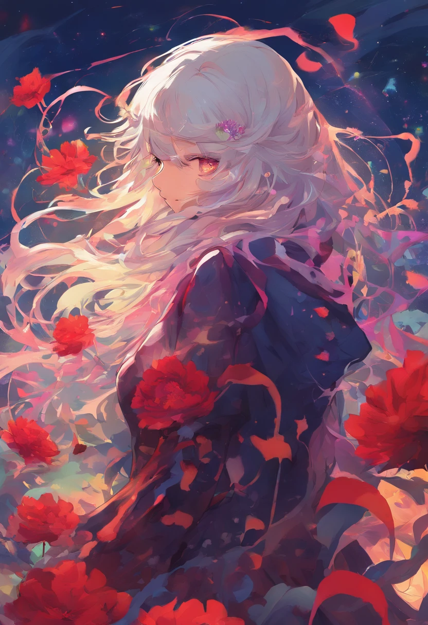 1girl,solo,1girl,solo,((beautiful detailed eyes)), (detailed light),depth of field,(white hair),silver eyes,hair over one eye,(red flower ), hair flower,long hair,black cloak,wet,emotionless,looking back,night,starfall,raining,fog,red flowers falling,sketch,upper body,intense shadows,