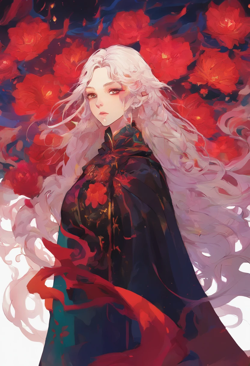 1girl,solo,1girl,solo,((beautiful detailed eyes)), (detailed light),depth of field,(white hair),silver eyes,hair over one eye,(red flower ), hair flower,long hair,black cloak,wet,emotionless,looking back,night,starfall,raining,fog,red flowers falling,sketch,upper body,intense shadows,