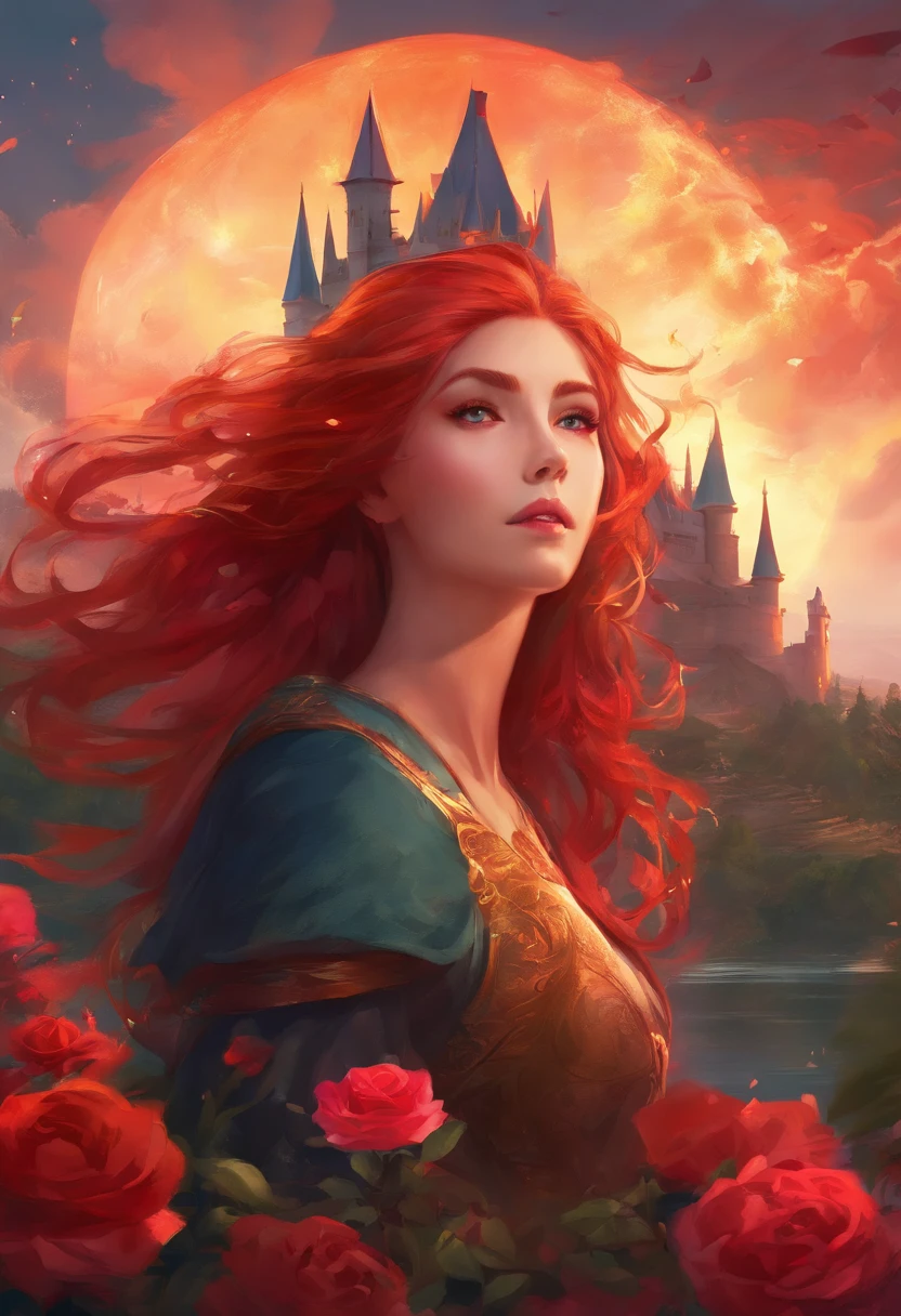 A Masterpiece Anime Style, Fantasy World, Red Hair woman dressed in roses, A medieval Castle, Lightning, Bioluminicens, Perfect Face, Cinematic, poste, Dark fantasy, Vibrant, HD