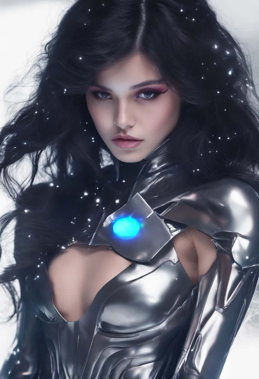 RAW photo of young Greek woman, color photograph, full body ength picture, close up portrait, ((a realistic photo of a beautiful young 18yo girl)), shadows, ((silver wing eyeliner)), (dark lipstick), ((pale iridescent skin)), dark eyes, topless, leaning towards viewer, looking at viewer, sensual, erotic pose, smirk, shy, expressive hair, (dark hair), perfect facial features, perfect realistic skin, high quality, very detailed face, night, small breasts, futuristic model, fashion editorial style