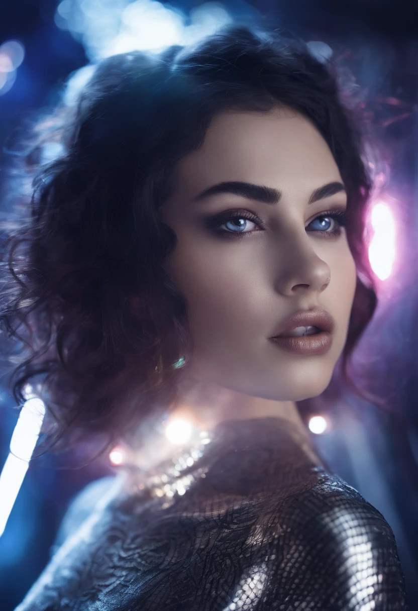 RAW photo of young Greek woman, color photograph, full body ength picture, close up portrait, ((a realistic photo of a beautiful young 18yo girl)), shadows, ((silver wing eyeliner)), (dark lipstick), ((pale iridescent skin)), dark eyes, topless, leaning towards viewer, looking at viewer, sensual, erotic pose, smirk, shy, expressive hair, (dark hair), perfect facial features, perfect realistic skin, high quality, very detailed face, night, small breasts, futuristic model, fashion editorial style