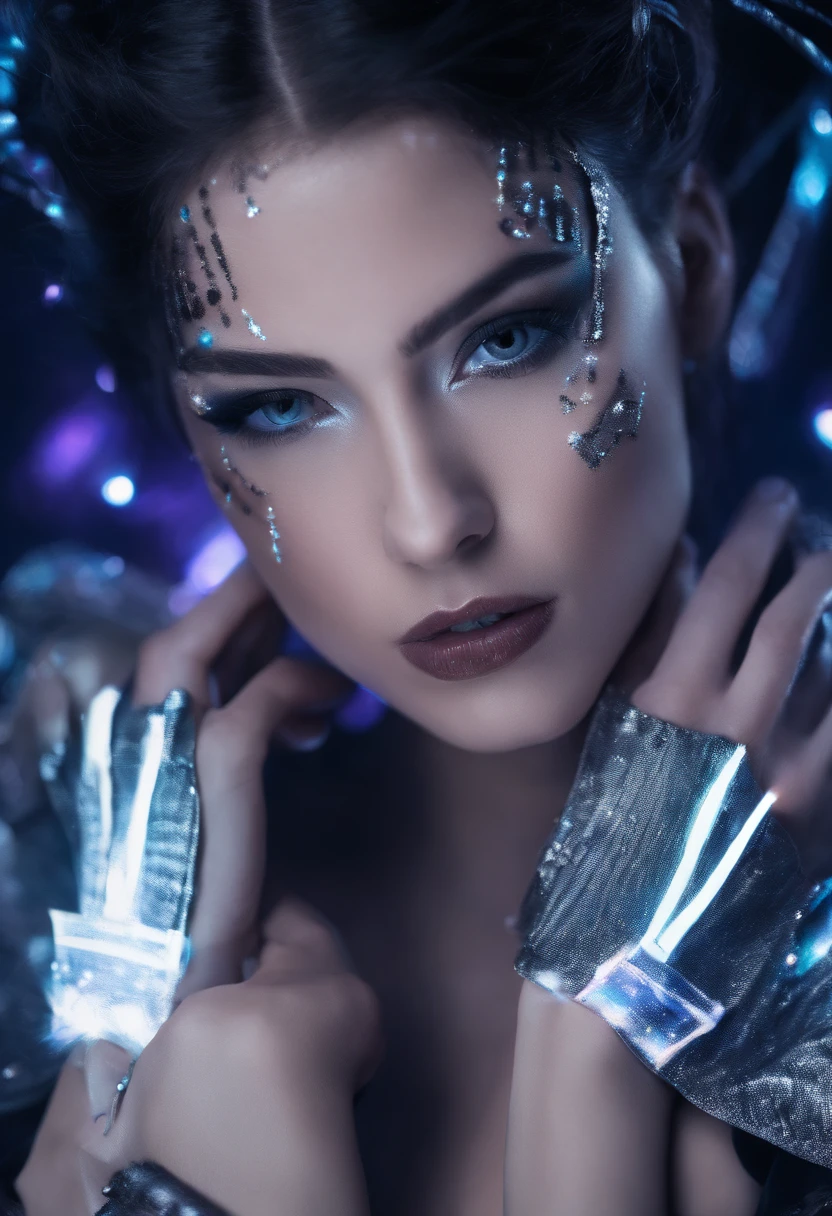 RAW photo of young Greek woman, color photograph, full body ength picture, close up portrait, ((a realistic photo of a beautiful young 18yo girl)), shadows, ((silver wing eyeliner)), (dark lipstick), ((pale iridescent skin)), dark eyes, topless, leaning towards viewer, looking at viewer, sensual, erotic pose, smirk, shy, expressive hair, (dark hair), perfect facial features, perfect realistic skin, high quality, very detailed face, night, small breasts, futuristic model, fashion editorial style