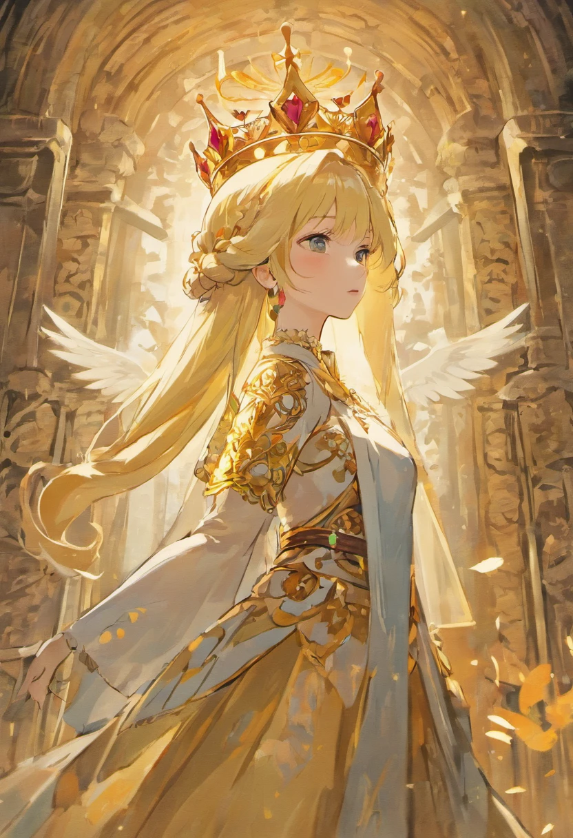 Vintage Illustration, blonde queen with lauren crown from back view, Ancient ornamental illustration, 12 century, 1000ad, ancient ornament, extremely detailed, rustic, 8k, 16k, amazing resolution, extremely sharp, detail, masterpiece