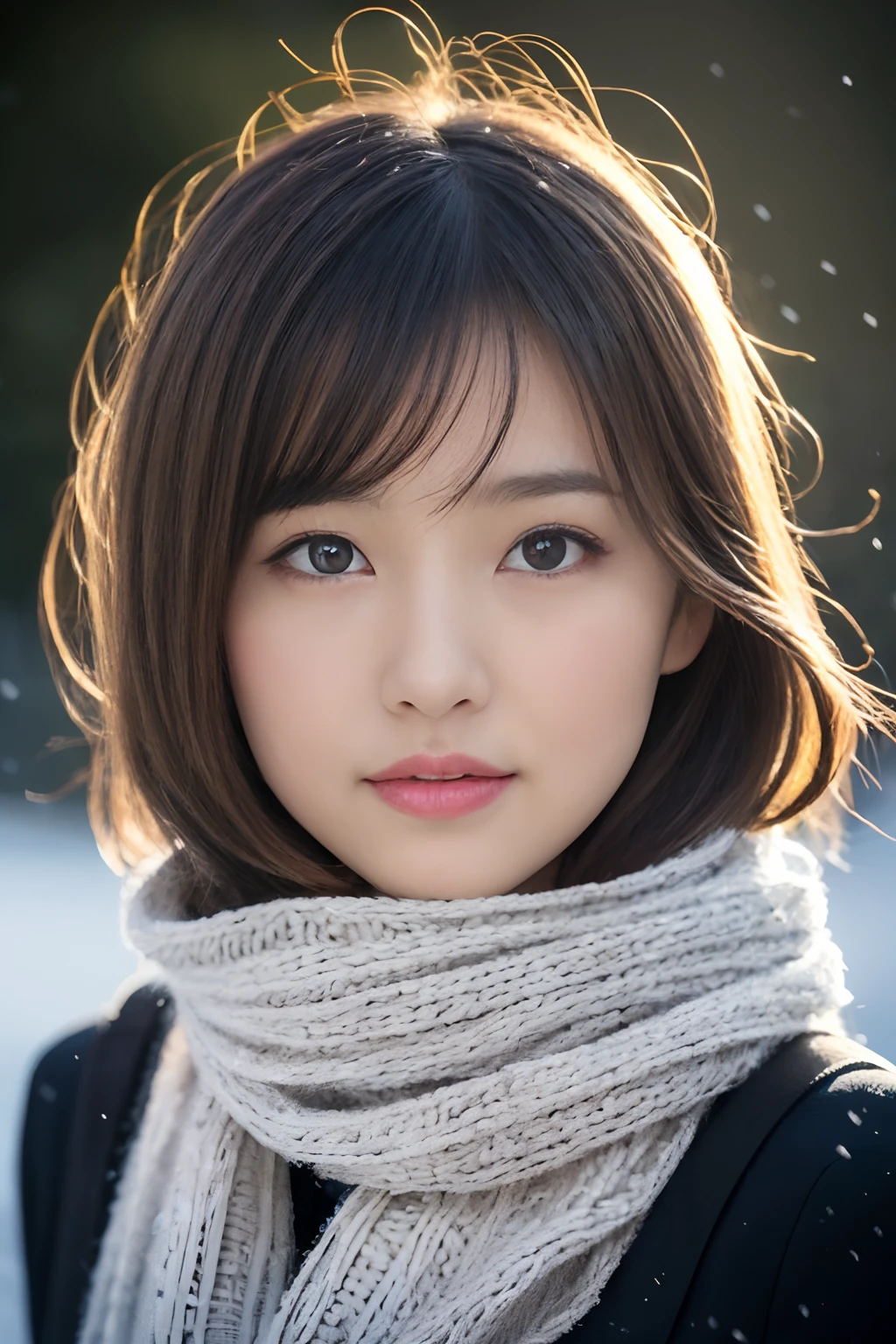 ((Show face only、Close-up of face、no-makeup))、(realisitic、Photorealsitic、ultra-detailliert、Highest Details Skins、top-quality、masterpiece、超A high resolution)、Cute Japan Woman、17 age、hi-school girl、younggirl、1 girl in、I have bangs、二重まぶた、drooing eyes、Large black eyes、Japanese style face、ssmile、Charming、purity、Straight face、double tooth、View here、Realistic skin type、Thick muffler、Grey muffler、fluffy hair、((Hair is inside the scarf:1.3))、Red cheeks、The wind is blowing、It's snowing、illuminations、Lighting from behind