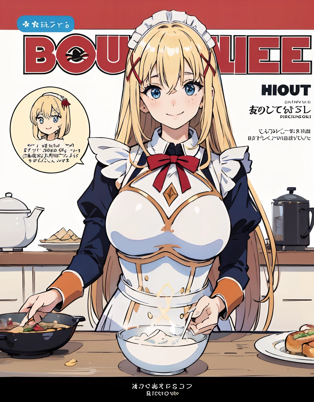 (Best Quality, Masterpiece),sexy mommy, Front cover of a women's cooking magazine,  erotic, 18+, nsfw, 1girl, 30 years old, stunning, cute, smile, hourglass figure, Maid costume, beautiful food, text, diagrams, advertisements, magazine title,                                                                                      long blonde hair,blue detailed sparkling eyes,One strand of hair hangs down over his forehead