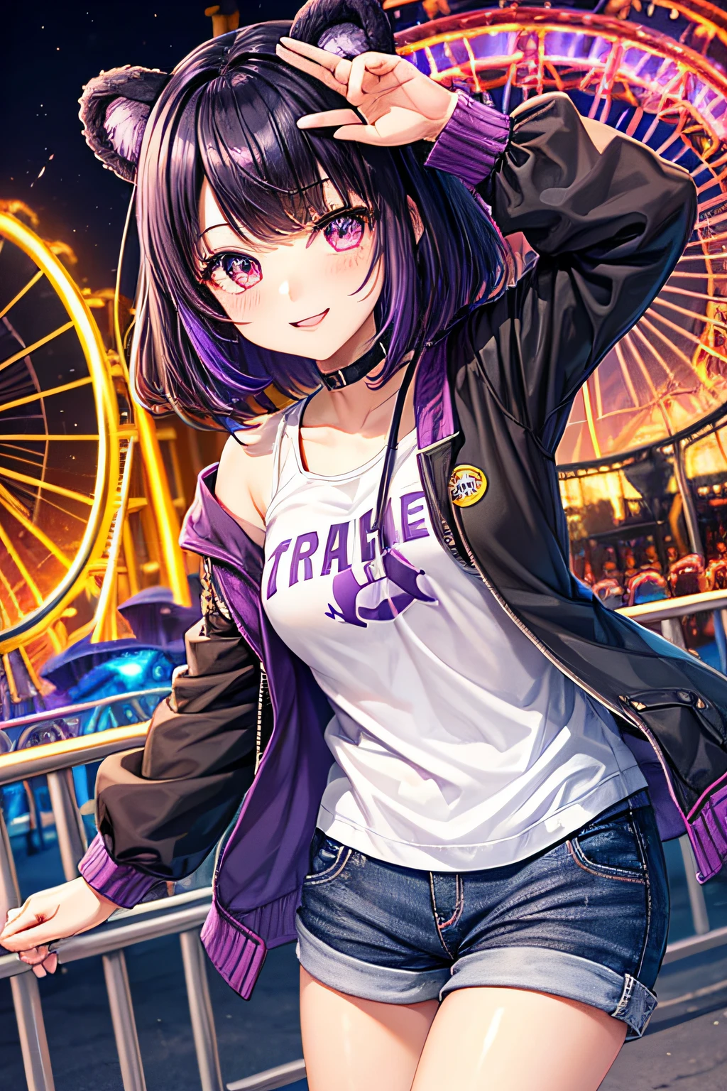 ((worst quality, low-quality)), ((Bear-eared chemomimi girl)), ((Black-haired berry berry short,Purple and blue inner colors)), (((Hair over one eye))), (Yellow and purple odd-eye), plump shiny lips, Beautiful clear eyes, (The best smile), Spoken Heart, Leaning forward, (Dynamic Pose:1.2), (Goth loli style clothes), (Shoulder less), (jaket), (shortpants), (Amusement Park Background), (rollercoaster), (the Ferris wheel), masutepiece,Best Quality,ultra-detailliert,