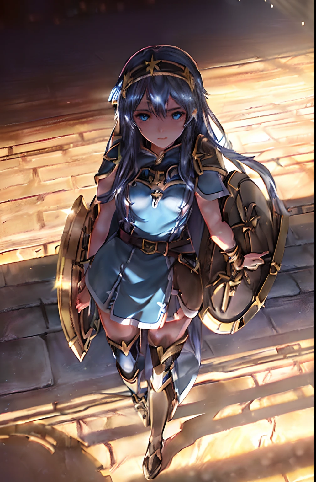 Lucina \(fire emblem\), ((high resolution, masterpiece, ultra-detailed illustration, photo realistic:1.4)), (Camera Settings:DSLR camera, Canon EF-S 10-18mm f/4.5-5.6 IS STM Lens, ISO 150, shutter speed 1/125s), ((Arena ferox background, ambient lights, real shadows:1.8), 1girl, solo, fantasy, ((detailed skin, noticeable pores:1.5)), blue hair, (blue eyes, detailed eyes, detailed pupils, marked eyelashes, bold eyebrows, crystal clear eyes, fully circular eyes:1.5), ((blue dress, skirt, zettai ryouiki:1.5)), long hair, detailed hair, ((thicc legs, thicc hips, thin waist, muscular legs, perfect legs:1.5)), ((small breast:1.5)), glossy lips, detailed lips, real lips, ((looks like 18 years old)), dynamic angle camera, view from above, sexy pose, ultra detailed face, flowers, Defiant look, golden headband, Brown belt, Cape, shield symbol in belt, blushing,