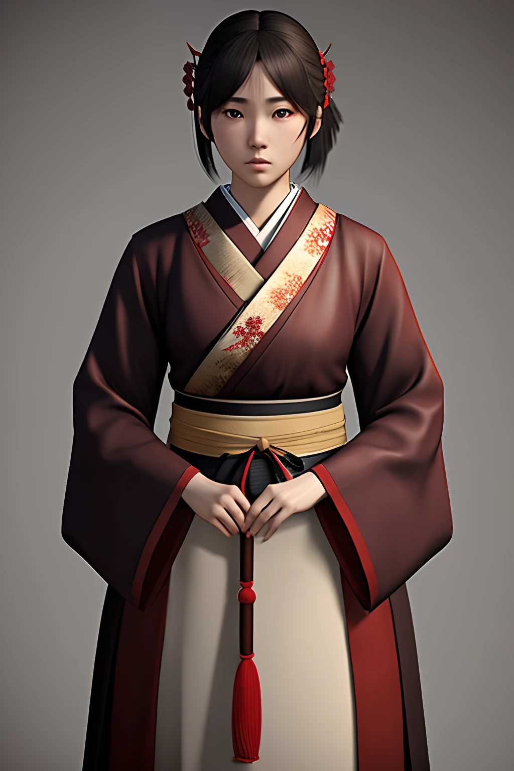 girl, traditional japanese, vfx model style, realistic, game character, simple background, wearing traditional samourai era women clothes, ethno