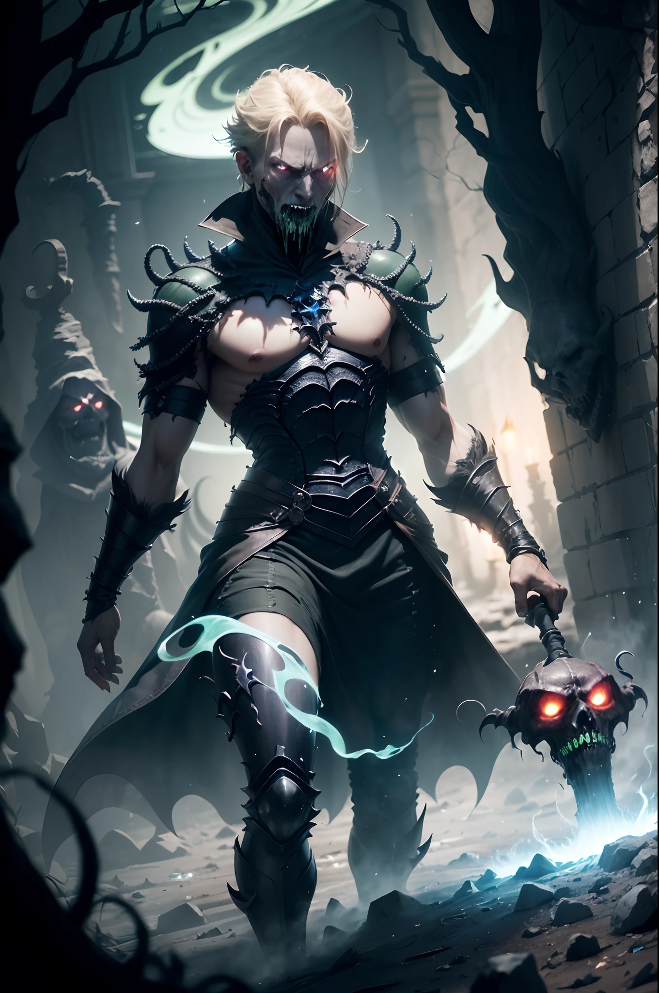 (masterpiece:1.2, best quality, high quality, extremely detailed, hyperrealistic, CG, unity, 4k), (dark fantasy: 1.0), ((evil necromancer, 30 years old male, ((partially demonized)), rough face, short blond hair, blue eyes, holds Necronomicon)), dark place, cave, dimly lit, ((eldritch magic, green magic energy swirling around)),