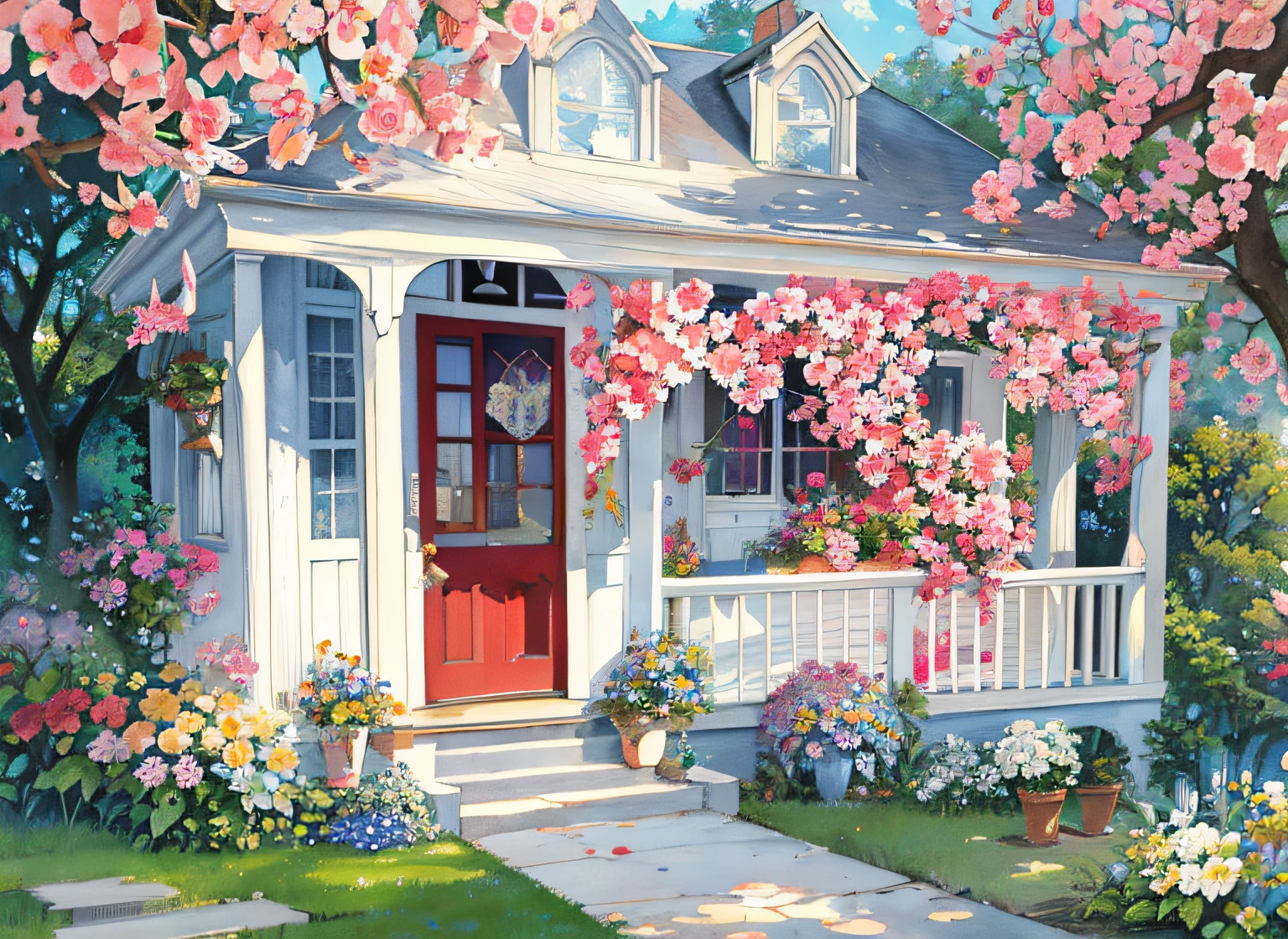 painting of a white house with a porch and a porch with flowers, detailed watercolor painting, by Nancy Spero, by senior artist, by Rhea Carmi, by Lynn Pauley, by Susan Heidi, watercolor detailed art, beautiful artist rendering, by Lorraine Fox, victorian setting, detailed watercolor, flowery cottage, watercolor colored painting, by Doris Blair, by Linda Sutton