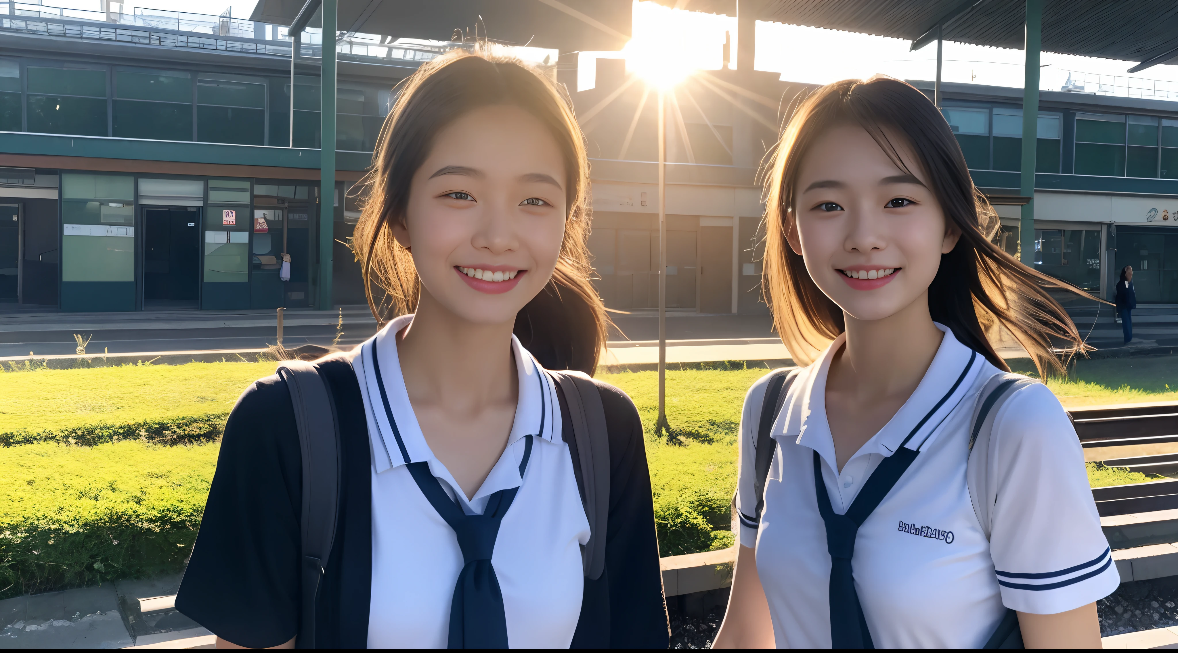 （17-year-old girl wearing summer short-sleeved school uniform1.3），Wait for the train at the station，There are vague passers-by behind it，Ultra-realistic real people，A hopeful smile，Extreme picture quality，Extreme light and shadow，Aurora chase，Extreme ambient light，bright sun，closing her eyes，Enjoy the sun，Sunlight shines on the face，8K，Premium ambient light，Extremely complex and intricate clothing textures，Exquisite facial features，Extremely complex and super delicate and clear eyeballs，（Perfect body 1.1）（Flat chest 1.1）（Perfect body proportions1.1）（Ultra-realistic street 1.3）（Bust close-up 1.3）