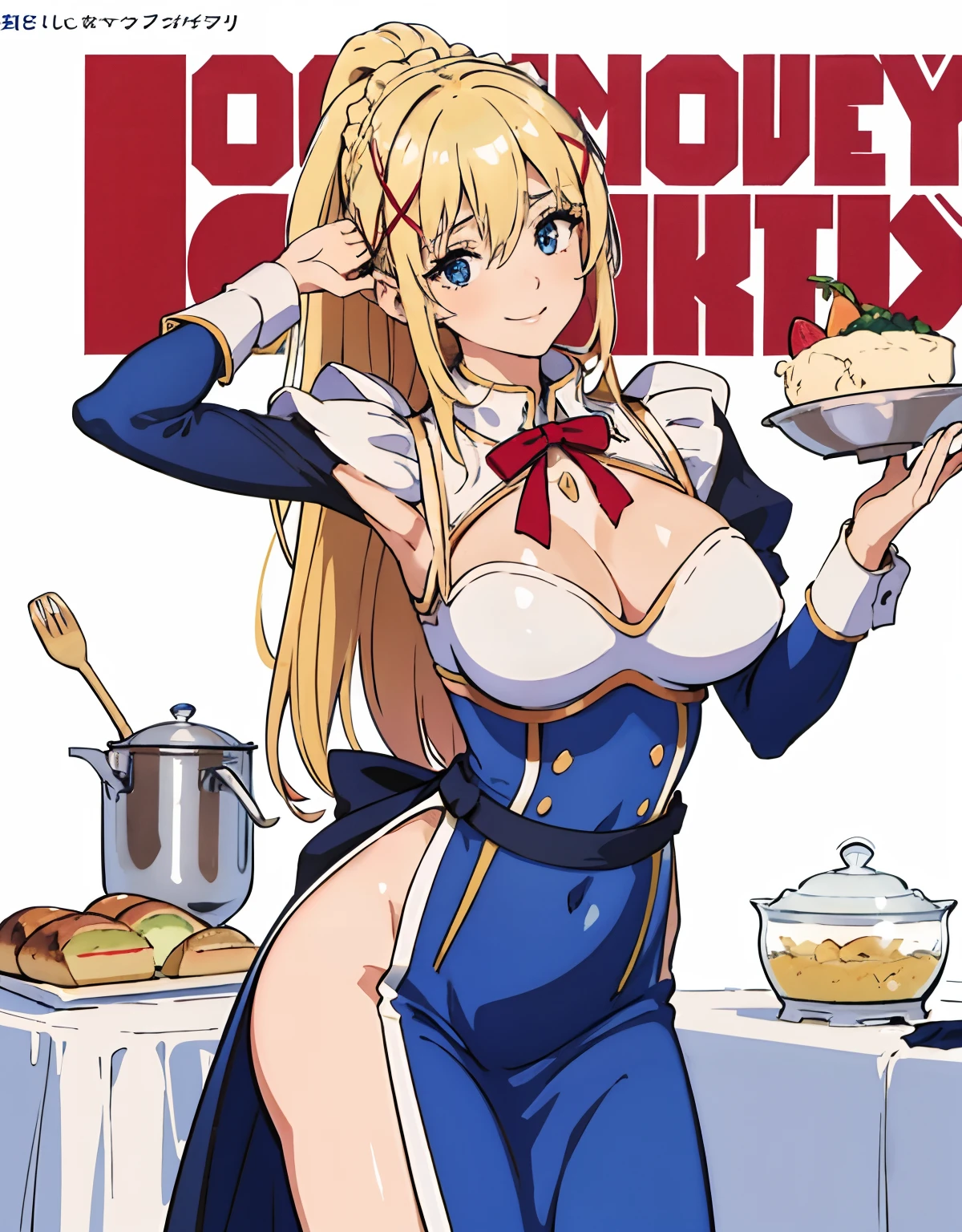 (Best Quality, Masterpiece),sexy mommy, Front cover of a women's cooking magazine, erotic, 18+, nsfw, 1girl, 30 years old, stunning, cute, smile, hourglass figure, Maid costume, beautiful food, text, diagrams, advertisements, magazine title, long blonde hair,blue detailed sparkling eyes,One strand of hair hangs down over his forehead