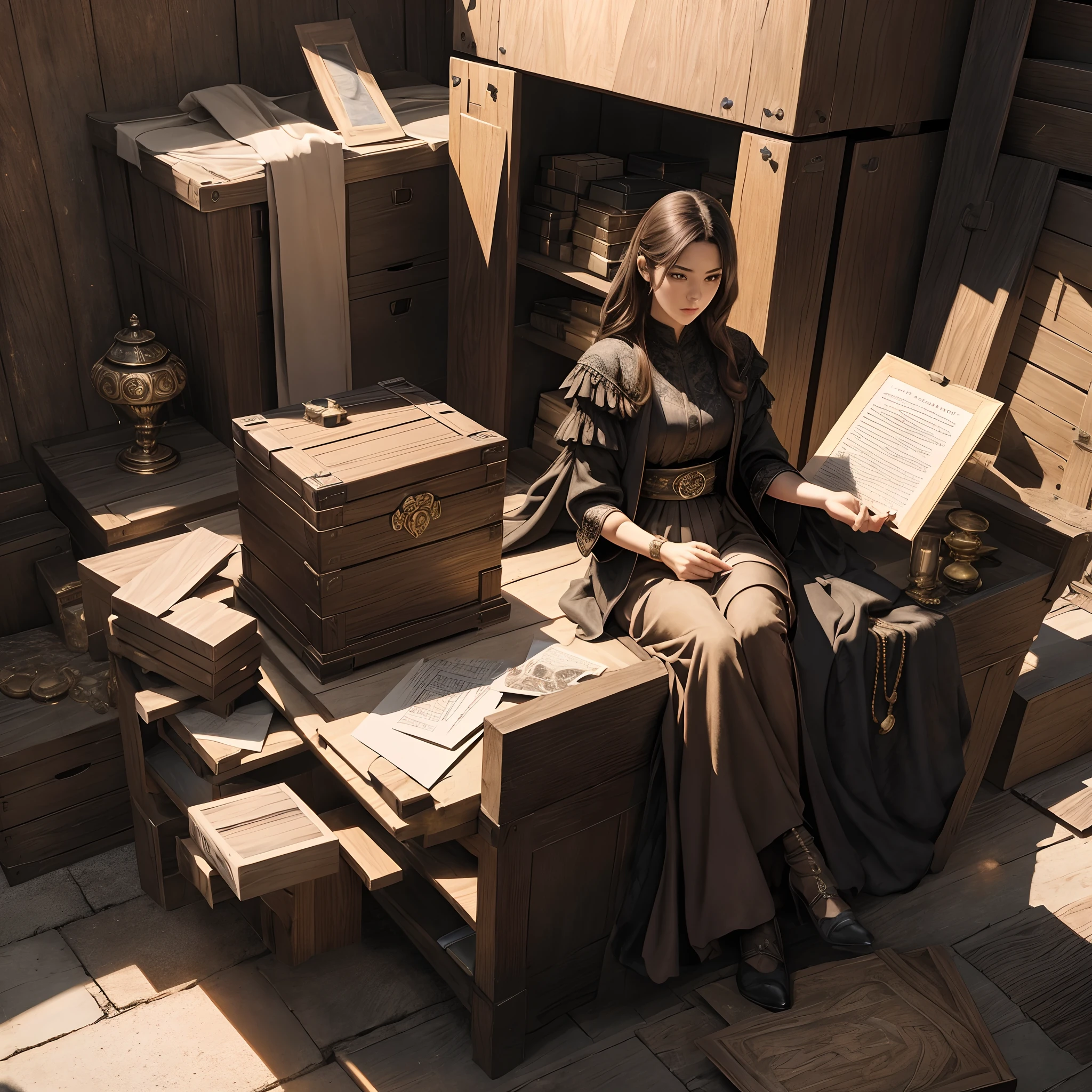 Photo, Piece of art, masutepiece, Super Detail, High quality, awardwinning, 8K, Photorealistic, woman, solo, boxes, Medium size, dark turbid color, in the storage room, Long shadows due to lighting, Mysterious, Pandora's Box, Fantastic background, Detailed fingers