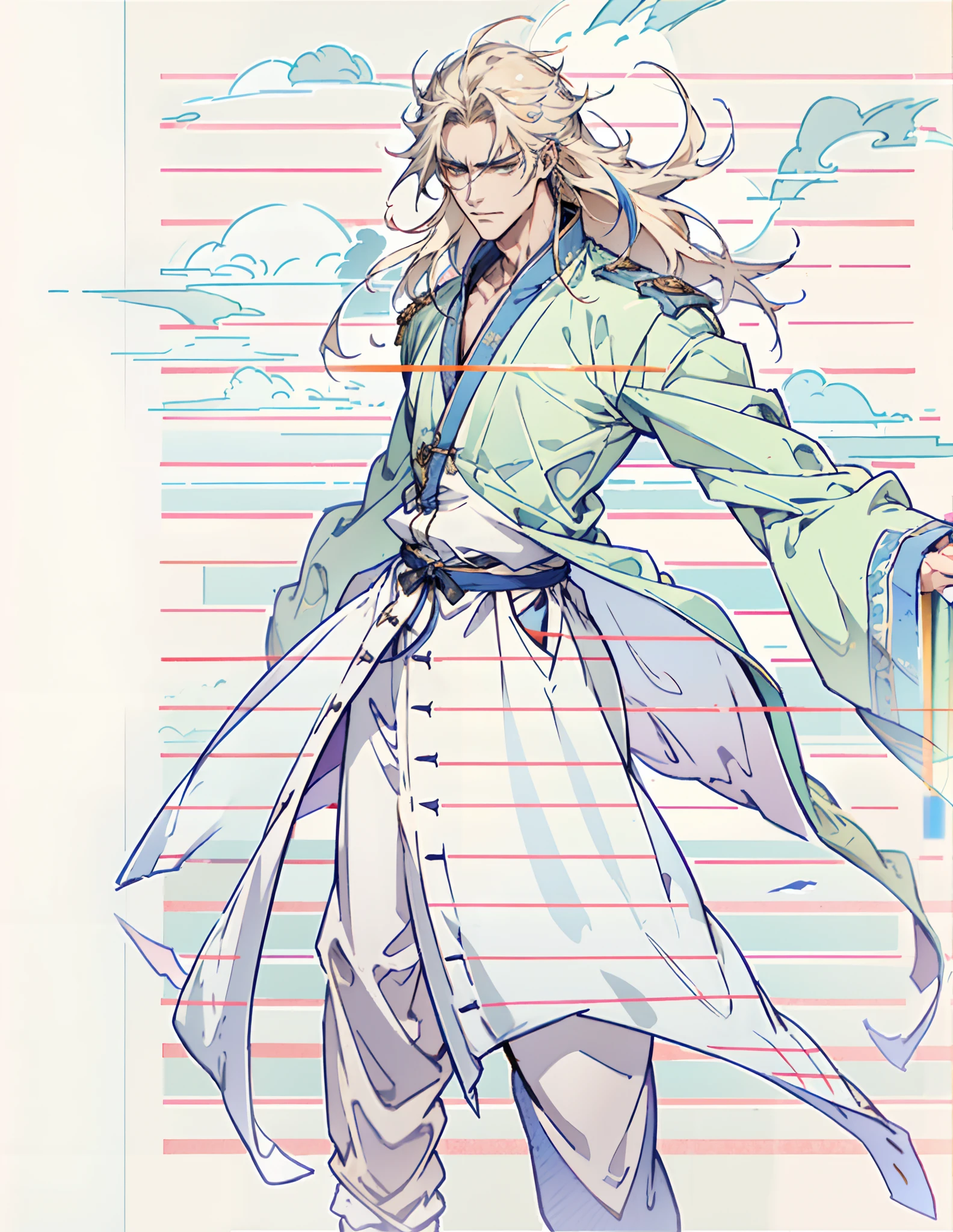 A man with disheveled long hair, a cascade of unruly locks, a handsome countenance, a carefree expression, tall and slender, wears a light-colored Chinese-style undershirt, over which he layers a loose dark-colored long daoist robe, long and wide sleeves, wears dark pants, surrounded by colorful clouds and mist, stands amidst a colorful sea of clouds and mist, this character embodies a finely crafted fantasy-style Chinese martial artist character in anime style, characterized by an exquisite and mature manga illustration art style, high definition, best quality, highres, ultra-detailed, ultra-fine painting, extremely delicate, professional, anatomically correct, symmetrical face, extremely detailed eyes and face, high quality eyes, creativity, RAW photo, UHD, 8k, Natural light, cinematic lighting, masterpiece:1.5