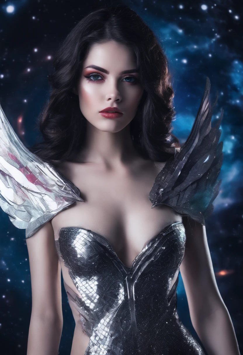 RAW photo of young Greek woman, color photograph, full body ength picture, close up portrait, ((a realistic photo of a beautiful young 18yo girl)), shadows, ((silver wing eyeliner)), (dark lipstick), ((pale iridescent skin)), dark eyes, topless, leaning towards viewer, looking at viewer, sensual, erotic pose, smirk, shy, expressive hair, (dark hair), perfect facial features, perfect realistic skin, high quality, very detailed face, night, small breasts, futuristic model, erotic