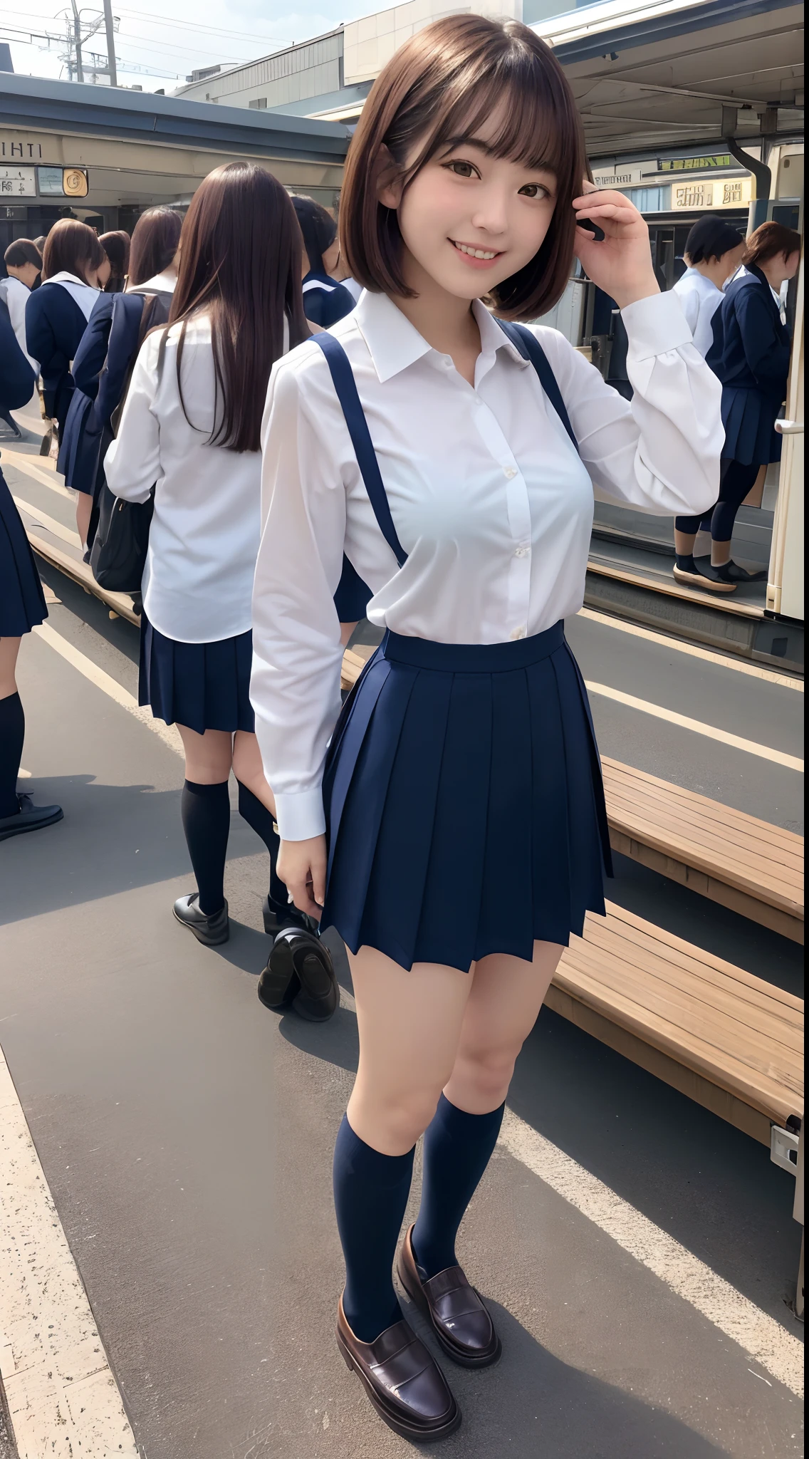 (8K, 超A high resolution, Best Quality, masutepiece:1.2),(18year old:1.2)、(Look away)、8K、RAW portrait of japanese girl、Photorealsitic、超A high resolution、top-quality、 (quite massive chest、Hide all breasts:1.2)(hi-school girl、White collared shirt、Navy Pleated Mini Skirt:1.3)、(Standing on the platform of a crowded station with many high school girls:1.2) Charming smile、(Brown hair wanlen bob、Black loafers、Navy Socks:1.2)Drawing from the side