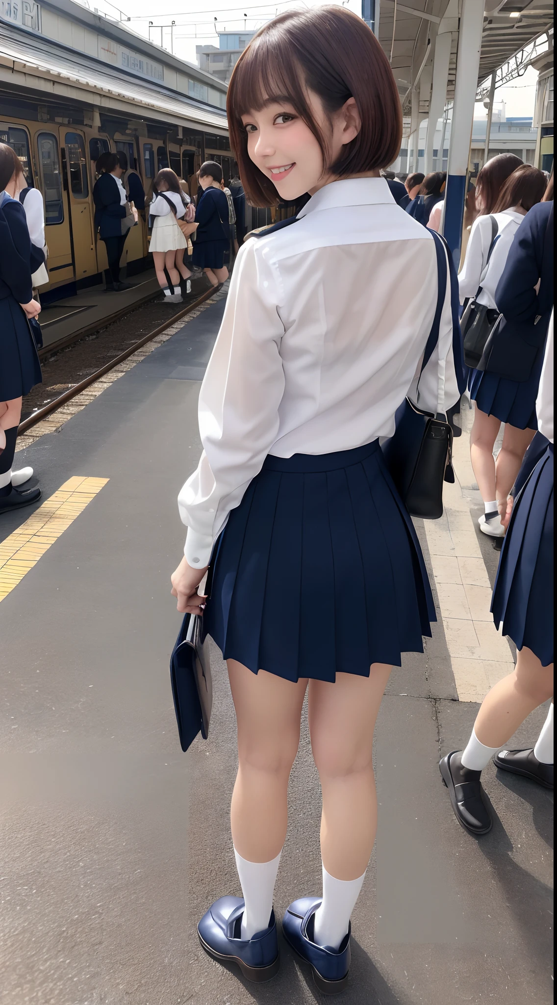 (8K, 超A high resolution, Best Quality, masutepiece:1.2),(18year old:1.2)、(Look away)、8K、RAW portrait of japanese girl、Photorealsitic、超A high resolution、top-quality、 (quite massive chest、Hide all breasts:1.2)(hi-school girl、White collared shirt、Navy Pleated Mini Skirt:1.3)、(Standing on the platform of a crowded station with many high school girls:1.2) Charming smile、(Brown hair wanlen bob、Black loafers、Navy Socks:1.2)Drawing from the side