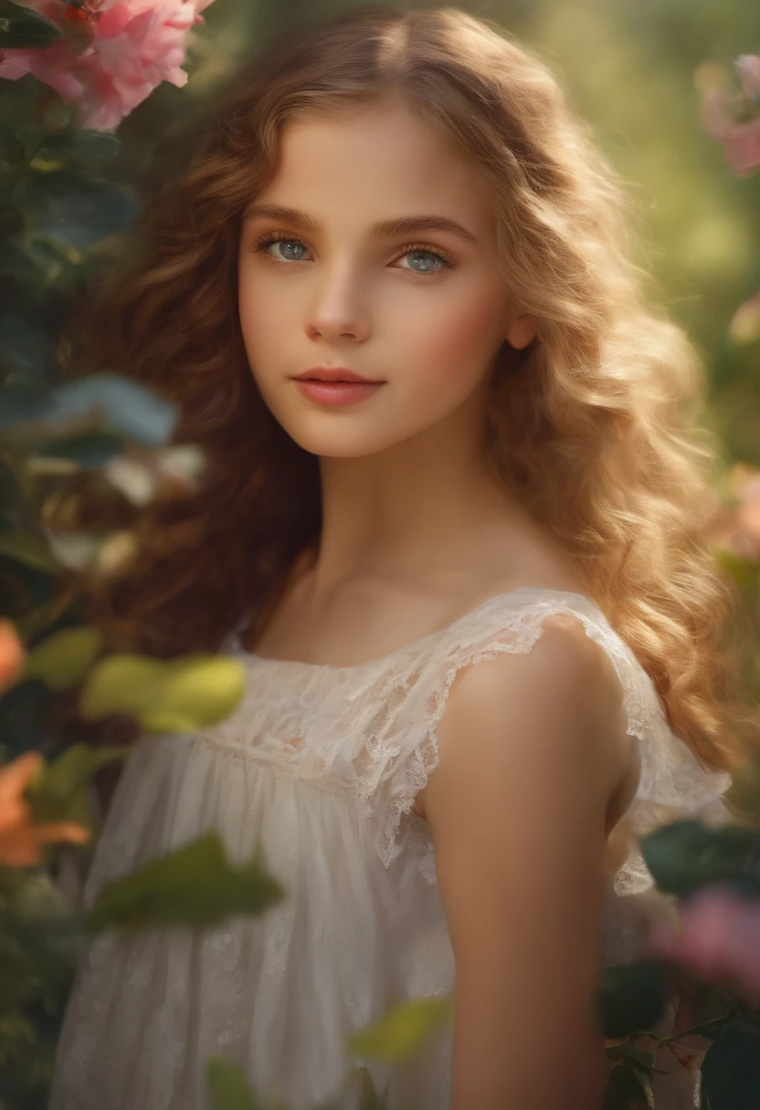 (Cinematic Photo:1.3) of (Realistic:1.3),(Cosy:1.3) beautiful 12 year old girl, blushing, embarrassment, (intricate light brown hair), highly detailed skin textures, lifelike skin texture, looking intimately directly at camera, (looking at viewer), pouting lips, Pastel, glitter, dramatic, dreamy, pastel flower garden, elegant, Whimsical, Delicate, Highly detailed, Intricate, UHD digital photo, Fantasy theme, mini lace crop top off the shoulder, Fantasy concept art, Fantasy character art, beautiful young girl, gorgeous, beautiful body, highly detailed full body shot, dreamy, pastel, Watercolor, Whimsical, Delicate, Highly detailed texture, life like texture, digital painting, Highly Detailed photograph,(Art Deco:1.hotorealism:1.3),(Classical Realism:1.3),(Fujifilm Superia:1.3),naturalism, golden hour light, (David Hamilton style)