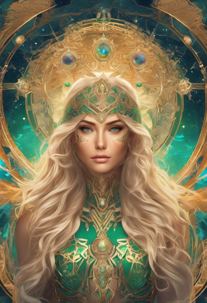 (RAW Photo, best quality), (Hyper Realistic),16k,(realistic, photo-realistic:1.5), Masterpiece,ultra high res, Stunning, Beautiful Milf Latin Brazilian Woman Goddess of Multiverse, Impossing Pose, Athletic Body, Suntan Skin, Wearing Egyptian Jewels Futuristic Cut Armor and Cloak with Intricate Isometric Fluid Galaxy Bioluminescence Effects, symmetrical, with Galaxies orbiting her body, perfect detailed face, detailed symmetric circular Green iris pupils, ((Gorgeous Long Blonde Fluid Hair)), high detailed Skin, Realistic, intricately detailed, cinematic, Isometric, awesome full color, gritty, mucha, klimt, 16k, hight definition, cinematic, neoprene, behance contest winner, portrait featured on unsplash, smooth, ultra high definition, ultra sharp focus, intricate artwork masterpiece, ominous, epic, TanvirTamim, trending on artstation, highly detailed, vibrant