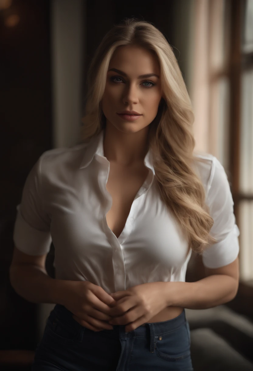 professional, (4k photo:1.1) by (Jeremy Lipking:0.3), (Dittmann Anna:0.3), (Arian Mark:0.3), (Sharp focus:1.3), high detail, wearing (tight shirt:1.2), beautiful detailed face, hazel eyes, long blonde hair, (attractive young woman:1.3), (seductive:1.1), (blushing:1.1), hourglass body shape, small round breasts, wide hips, in Closed Room