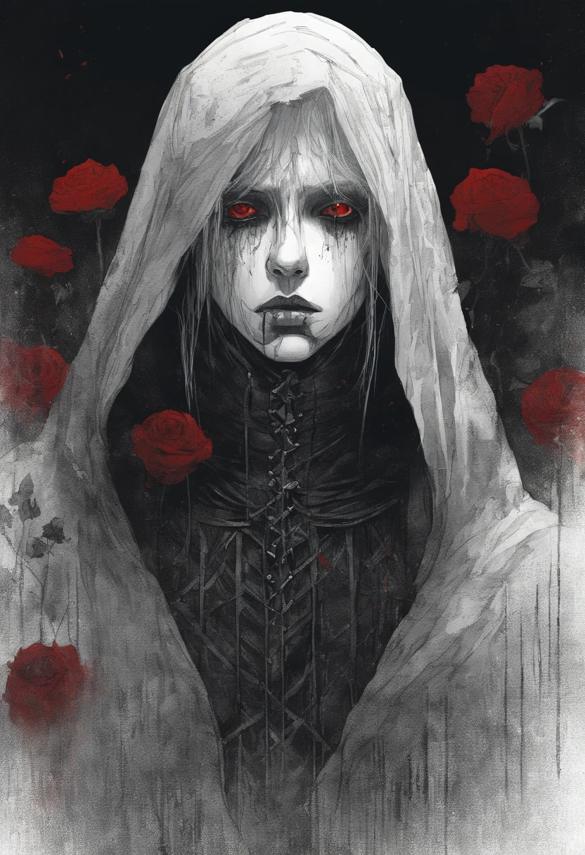 1girl,solo,1girl,solo,((beautiful detailed eyes)), (detailed light),depth of field,(white hair),silver eyes,hair over one eye,(red flower ), hair flower,long hair,black cloak,wet,emotionless,looking back,night,starfall,raining,fog,red flowers falling,sketch,upper body,intense shadows,
