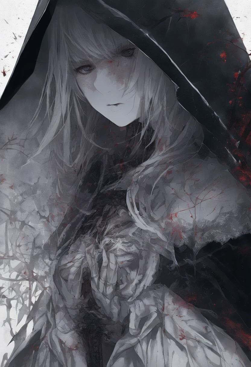 1girl,solo,1girl,solo,((beautiful detailed eyes)), (detailed light),depth of field,(white hair),silver eyes,hair over one eye,(red flower ), hair flower,long hair,black cloak,wet,emotionless,looking back,night,starfall,raining,fog,red flowers falling,sketch,upper body,intense shadows,