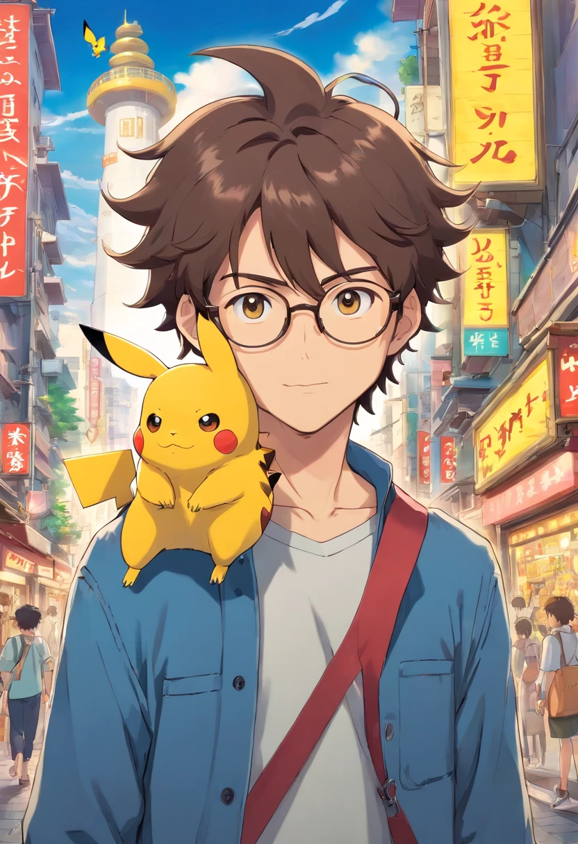 Homem de cor morena, of glasses and wavy hair, with pikachu on his shoulder in the middle of Tokyo