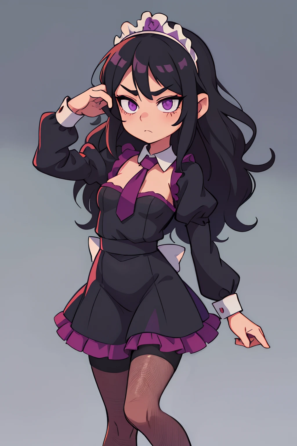 1girl, Princess, black long disheveled hair, dark purple eyes, Maid costume, fishnet pantyhose, black shoes