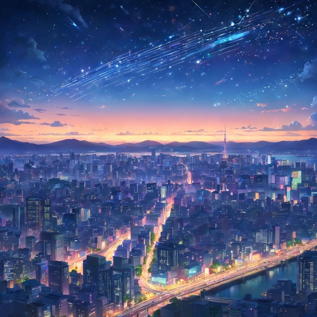 Tokyo city in night, landscape view, constellation, in the sky