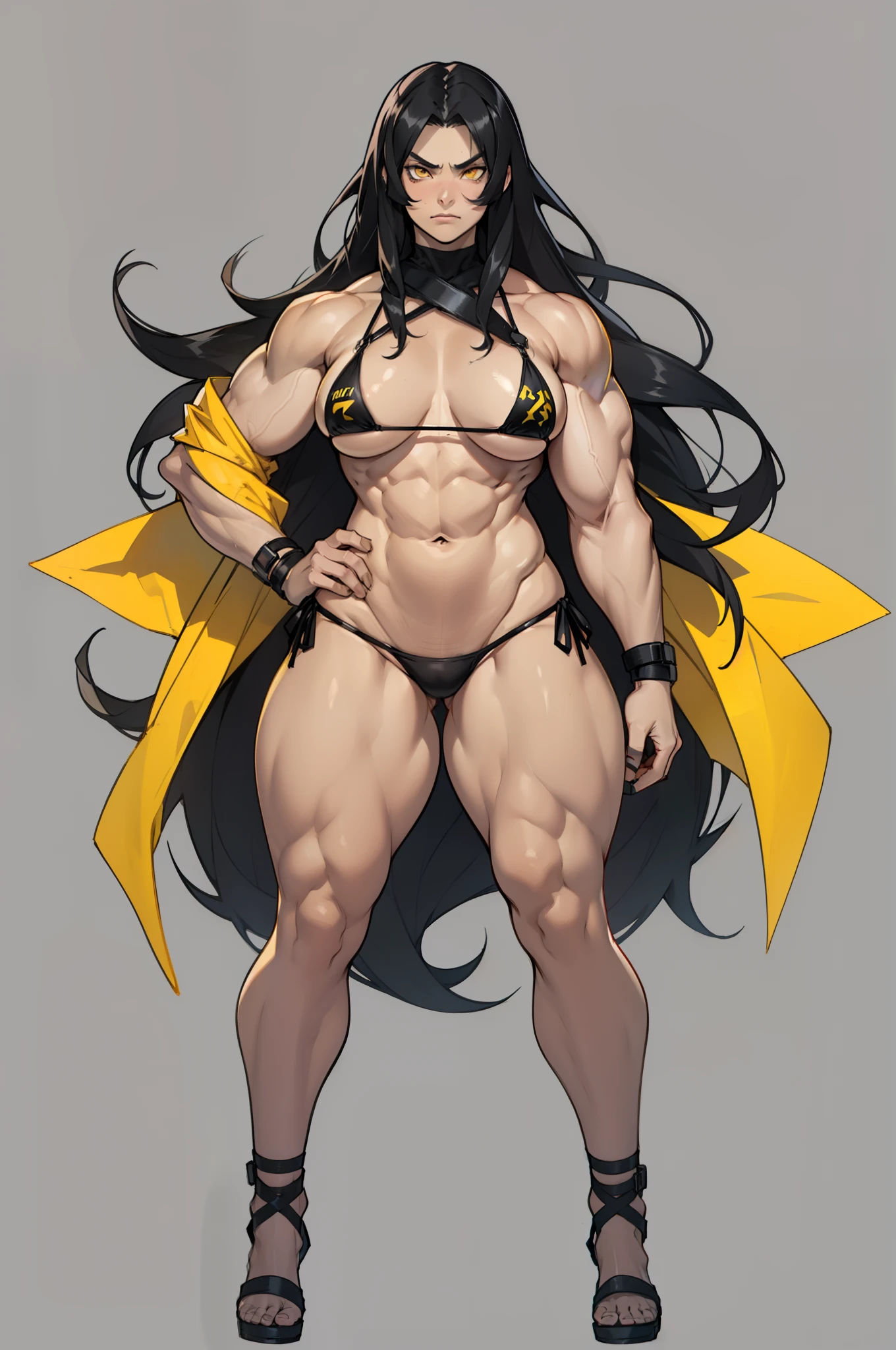 ((grey background)), solo, ((((1 girl)))), very long hair, black hair, angry, yellow eyes, (((((muscular))))), (huge tits), (thick thighs), (wide hips), (full body), pale skin, (micro bikini), standing, slick hair