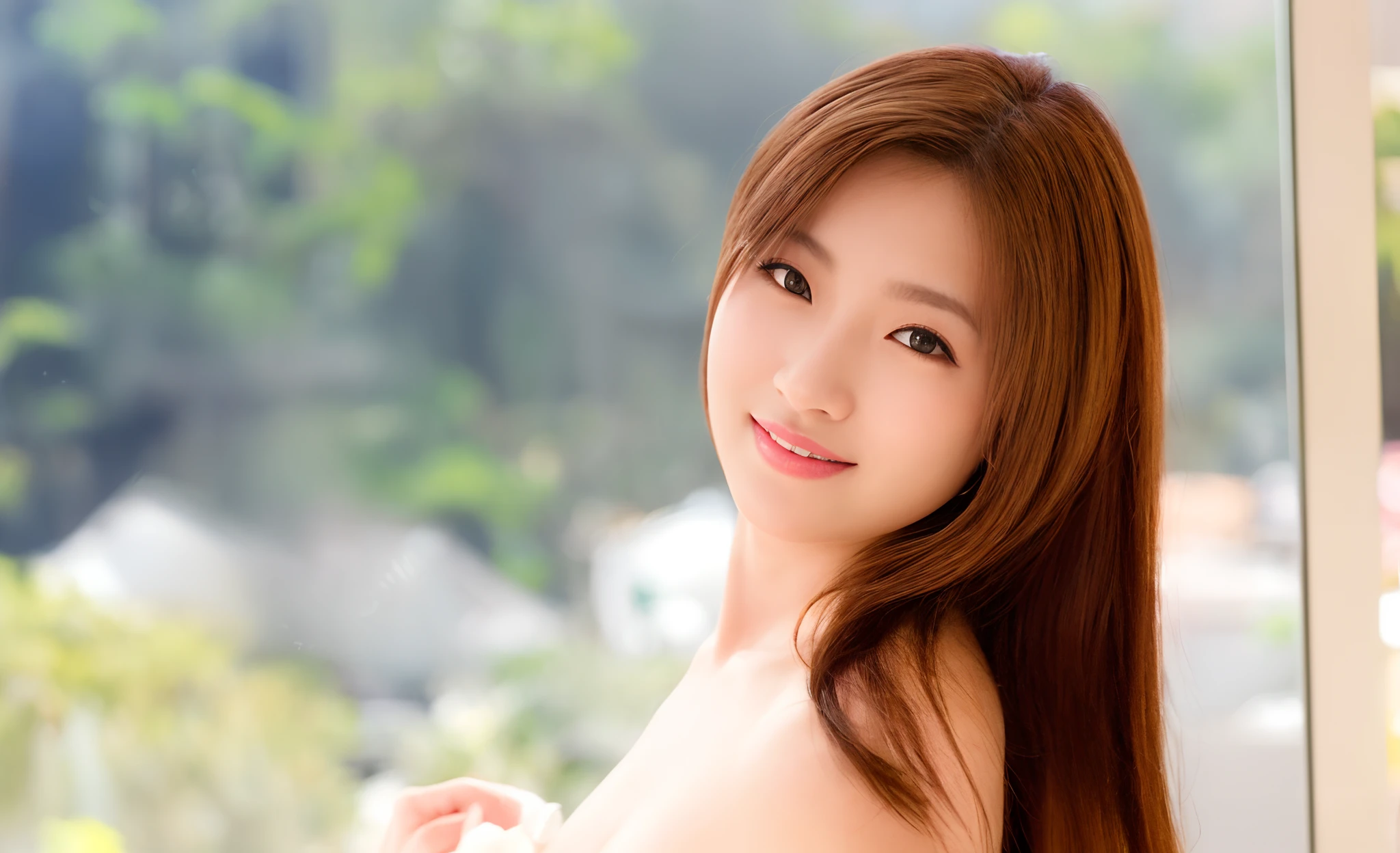 16k, ultra high res, best quality, high quality, masterpiece:1.3), (a professional photo of girl), RAW photo, realistic illustration, (ultra detailed eyes and face), (ultra detailed beautiful skin), Super Detail Beautiful Natural Skin, there is a woman that is posing for a picture in a window, beautiful japanese girls face, young sensual gravure idol, friendly seductive smile, beautiful asian girl, cute seductive smile