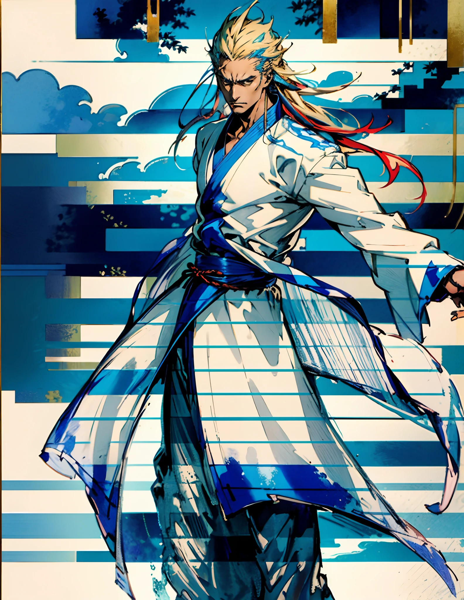 A man with disheveled long hair, a cascade of unruly locks, a handsome countenance, a carefree expression, tall and slender, wears a light-colored Chinese-style undershirt, over which he layers a loose dark-colored long daoist robe, long and wide sleeves, wears dark pants, surrounded by colorful clouds and mist, stands amidst a colorful sea of clouds and mist, this character embodies a finely crafted fantasy-style Chinese martial artist character in anime style, characterized by an exquisite and mature manga illustration art style, high definition, best quality, highres, ultra-detailed, ultra-fine painting, extremely delicate, professional, anatomically correct, symmetrical face, extremely detailed eyes and face, high quality eyes, creativity, RAW photo, UHD, 8k, Natural light, cinematic lighting, masterpiece:1.5