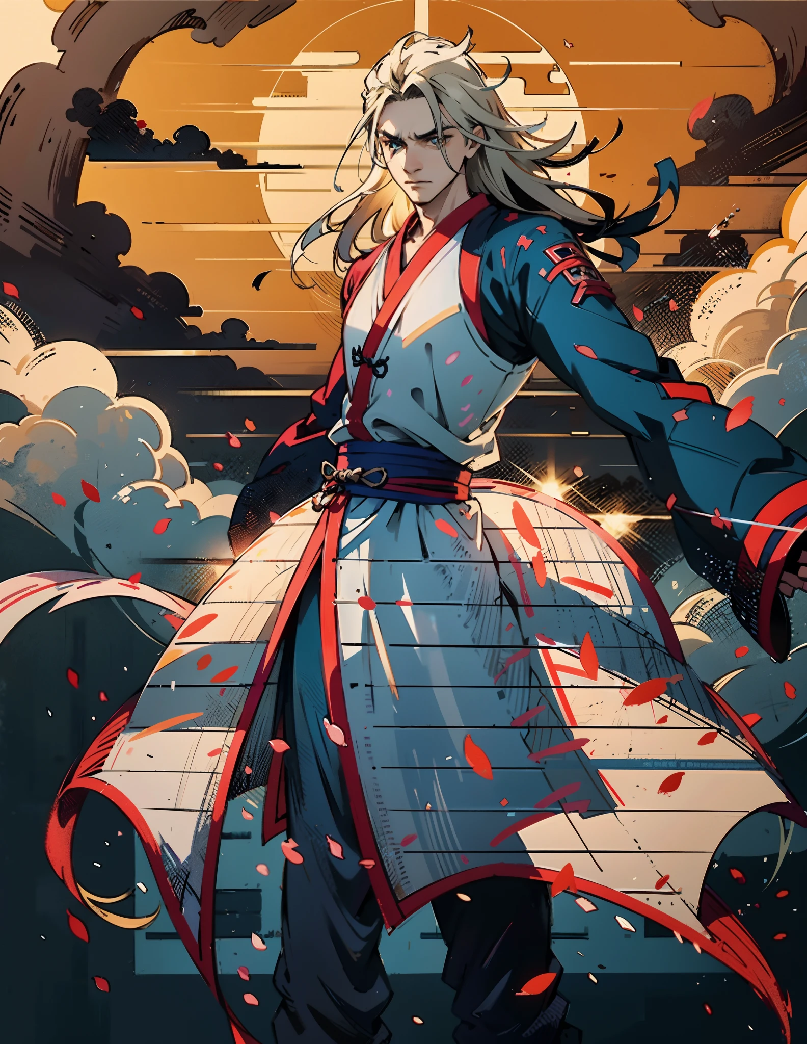 A man with disheveled long hair, a cascade of unruly locks, a handsome countenance, a carefree expression, tall and slender, wears a light-colored Chinese-style undershirt, over which he layers a loose dark-colored long daoist robe, long and wide sleeves, wears dark pants, surrounded by colorful clouds and mist, stands amidst a colorful sea of clouds and mist, this character embodies a finely crafted fantasy-style Chinese martial artist character in anime style, characterized by an exquisite and mature manga illustration art style, high definition, best quality, highres, ultra-detailed, ultra-fine painting, extremely delicate, professional, anatomically correct, symmetrical face, extremely detailed eyes and face, high quality eyes, creativity, RAW photo, UHD, 8k, Natural light, cinematic lighting, masterpiece:1.5