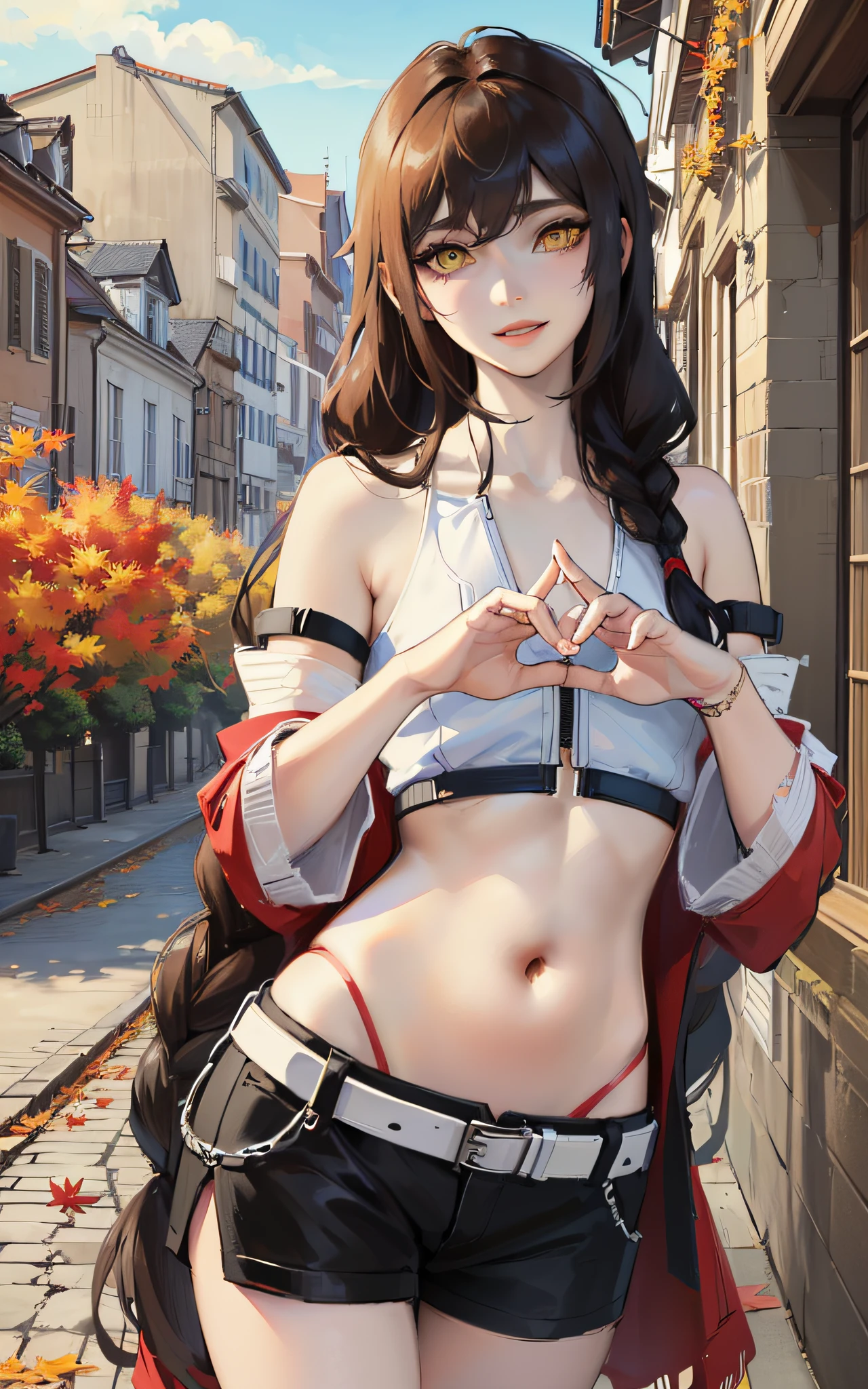 (Luka Urushibara (Steins;Gate)):1.3), ((yellow eyes, detailed eyes, black hair, braid, long braid, white details on bangs, smile), (( crop top, midriff, )), (((Autumn scenery))), outdoors, (france medieval, fantasy), ((illustration)), (mature male, feminine male, femboy), (((masterpiece))), (realistic:0.7), best quality,femboy, otoko no ko, feminine male, 1woman, solo, mature otoko no ko, ((flat chest)), 16k, UHD, max quality, Max Resolution, ultra realistic, ((ultra detalhado):1), ((perfect_hands, perfect_fingers))