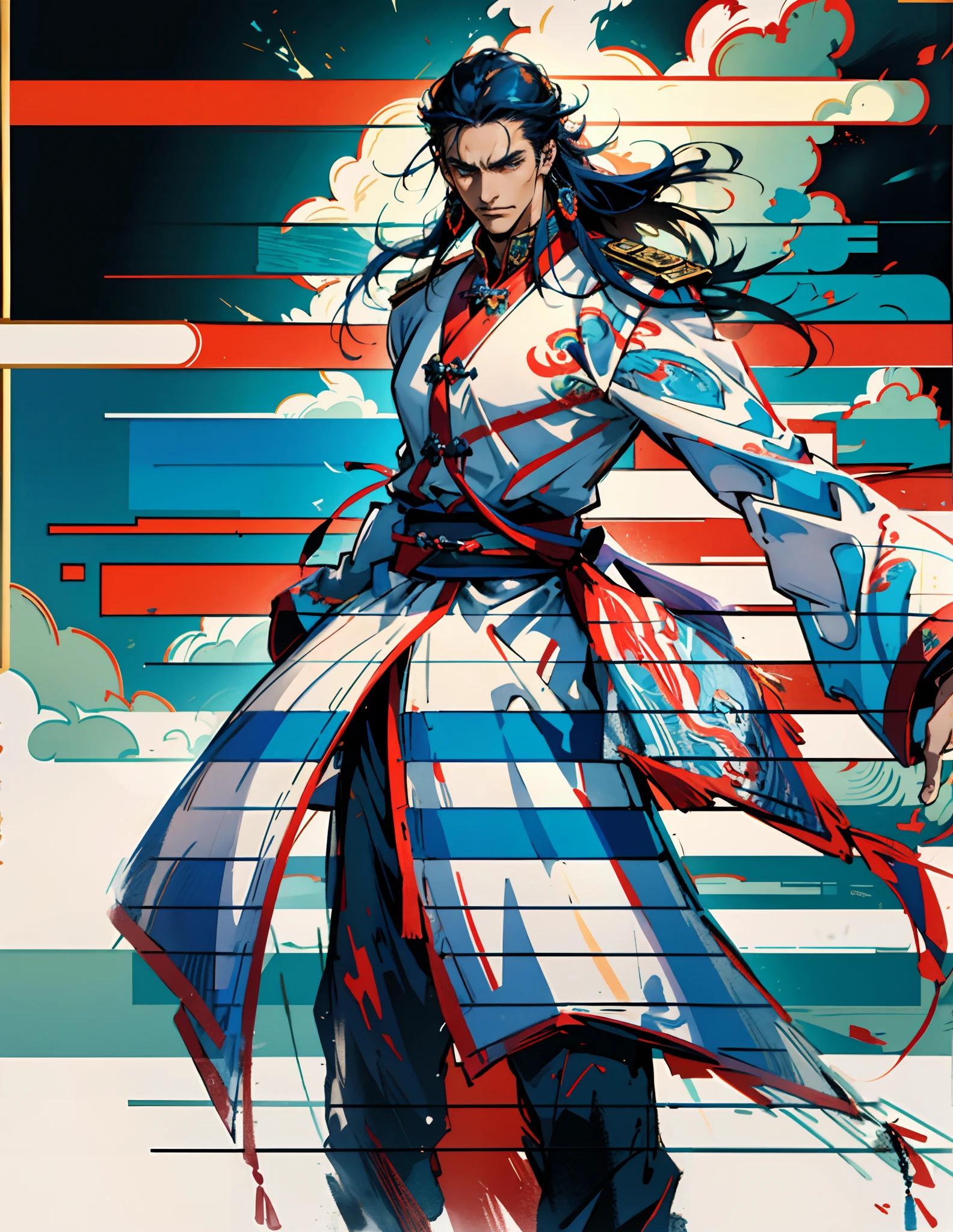 A man with disheveled long hair, a cascade of unruly locks, a handsome countenance, a carefree expression, tall and slender, wears a light-colored Chinese-style undershirt, over which he layers a loose dark-colored long daoist robe, long and wide sleeves, wears dark pants, surrounded by colorful clouds and mist, stands amidst a colorful sea of clouds and mist, this character embodies a finely crafted fantasy-style Chinese martial artist character in anime style, characterized by an exquisite and mature manga illustration art style, high definition, best quality, highres, ultra-detailed, ultra-fine painting, extremely delicate, professional, anatomically correct, symmetrical face, extremely detailed eyes and face, high quality eyes, creativity, RAW photo, UHD, 8k, Natural light, cinematic lighting, masterpiece:1.5
