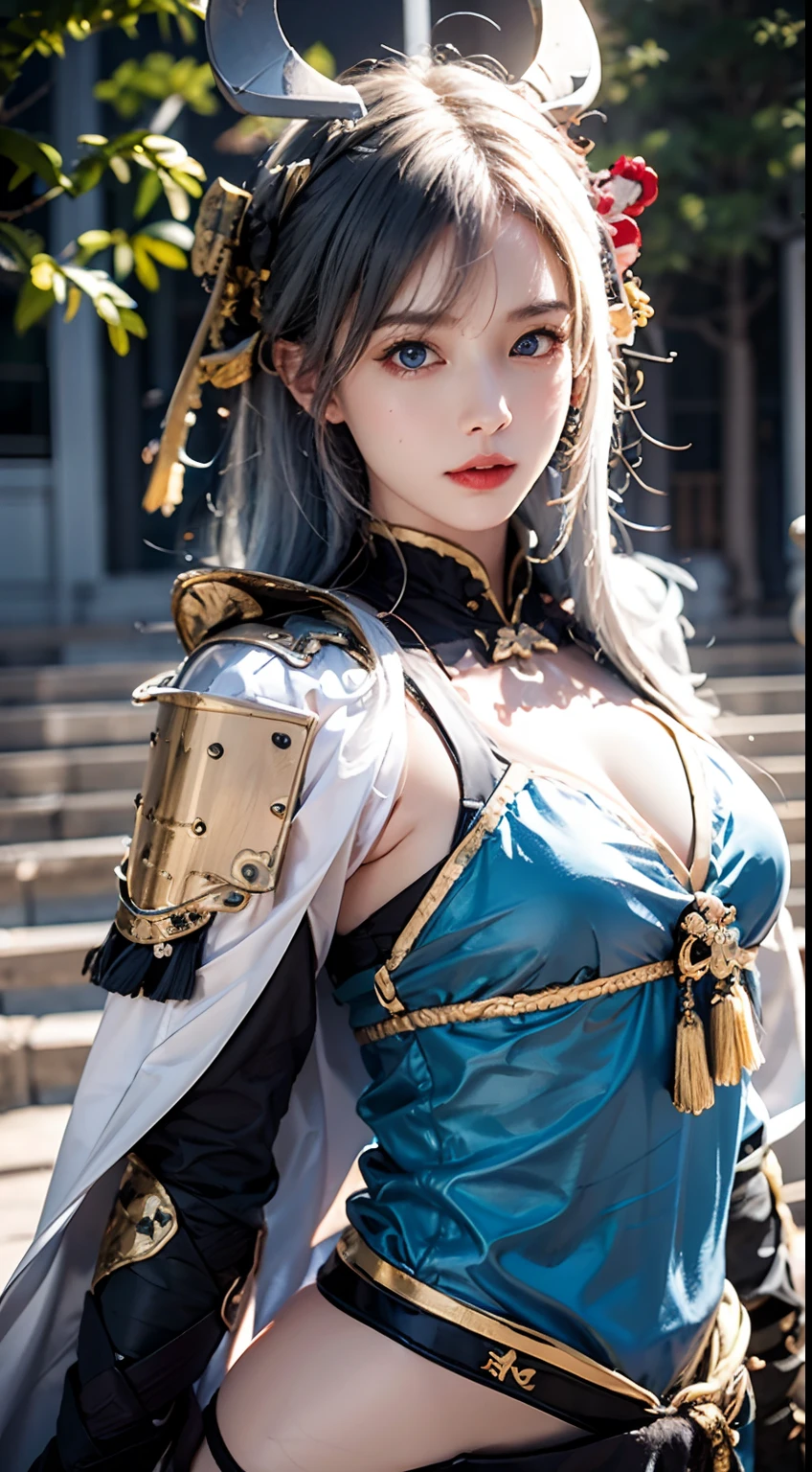 Photorealistic, masutepiece, Photorealistic, High resolution, Soft light, hips up high, Blue eyes, White hair, Long hair, Intricate details EABA, cloaks, spear, Samurai, armor, Japanese Katana Sword, Warrior, Samurai Helmet