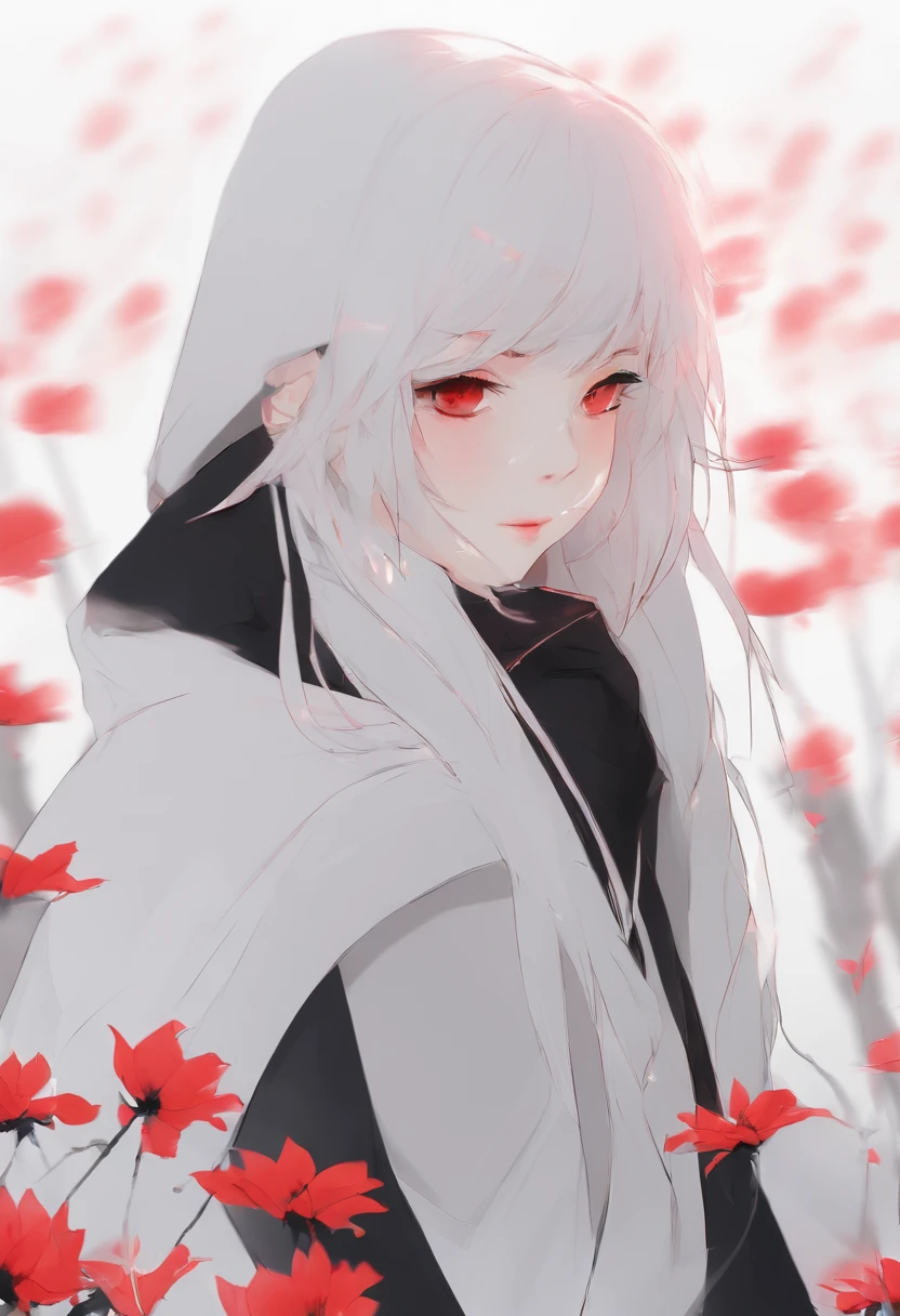 1girl,solo,1girl,solo,((beautiful detailed eyes)), (detailed light),depth of field,(white hair),silver eyes,hair over one eye,(red flower ), hair flower,long hair,black cloak,wet,emotionless,looking back,night,starfall,raining,fog,red flowers falling,sketch,upper body,intense shadows,