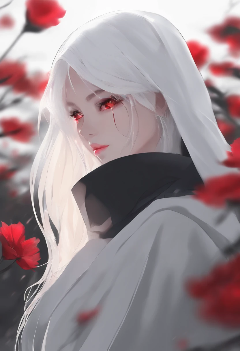 1girl,solo,1girl,solo,((beautiful detailed eyes)), (detailed light),depth of field,(white hair),silver eyes,hair over one eye,(red flower ), hair flower,long hair,black cloak,wet,emotionless,looking back,night,starfall,raining,fog,red flowers falling,sketch,upper body,intense shadows,