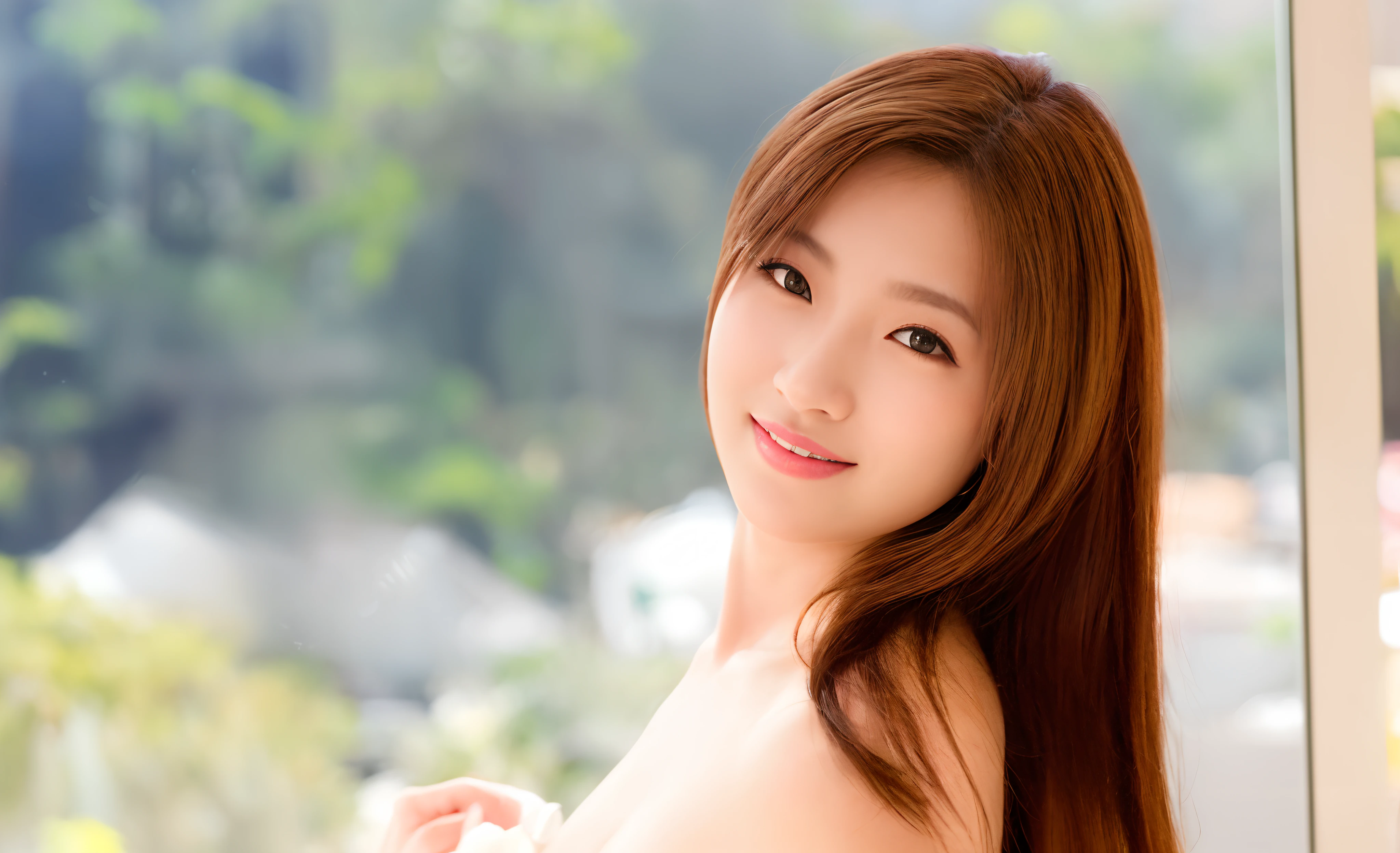 16k, ultra high res, best quality, high quality, masterpiece:1.3), (a professional photo of girl), RAW photo, realistic illustration, (ultra detailed eyes and face), (ultra detailed beautiful skin), Super Detail Beautiful Natural Skin, there is a woman that is posing for a picture in a window, beautiful japanese girls face, young sensual gravure idol, friendly seductive smile, beautiful asian girl, cute seductive smile
