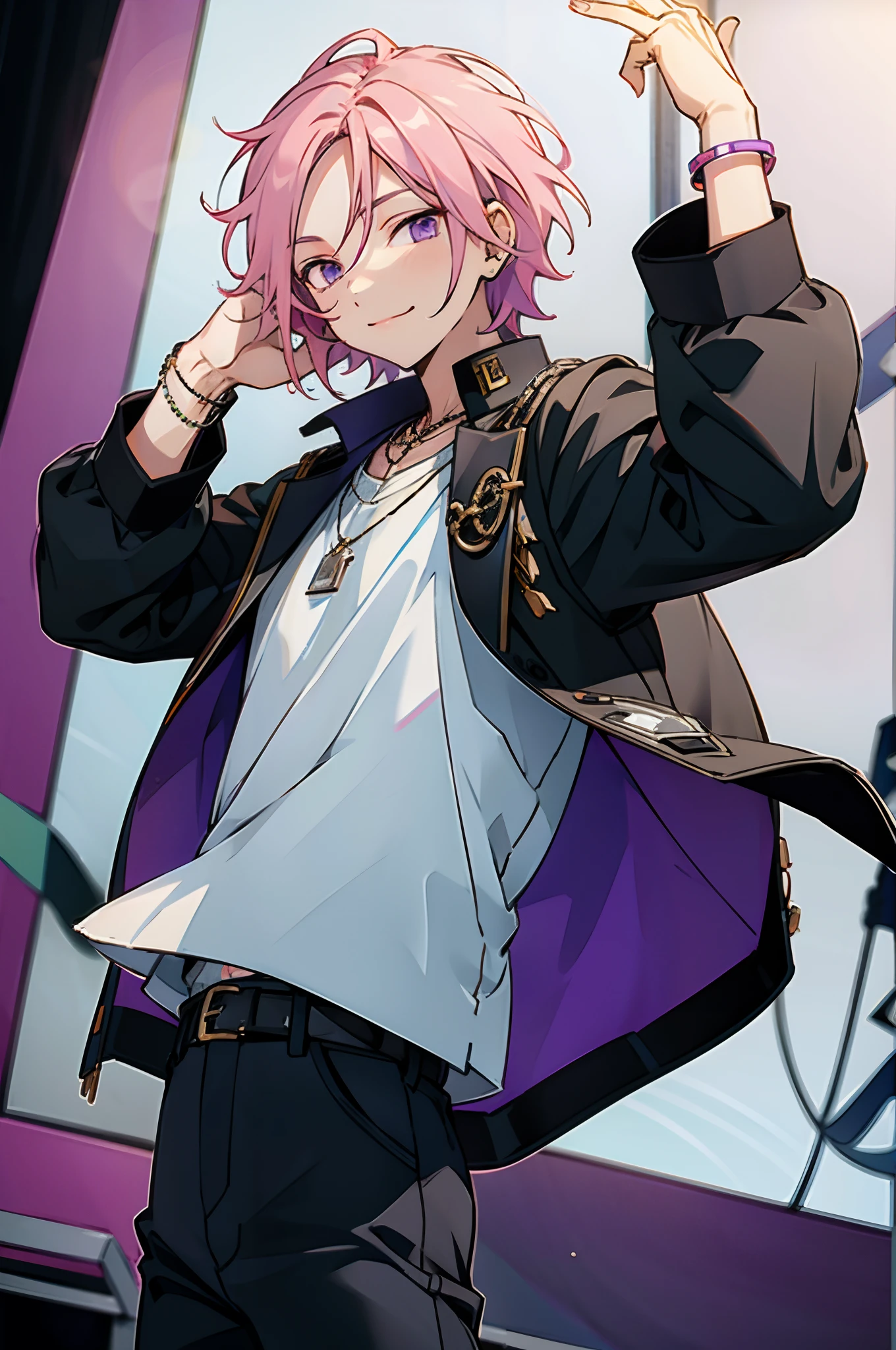 highres, absurdres, kohakues, solo, looking at viewer, smile, short hair, shirt, long sleeves, 1boy, jewelry, closed mouth, purple eyes, jacket, pink hair, male focus, on stage, belt, pants, necklace, bracelet, open jacket, black shirt, chain, black pants, ring, white jacket, young boy, portrait