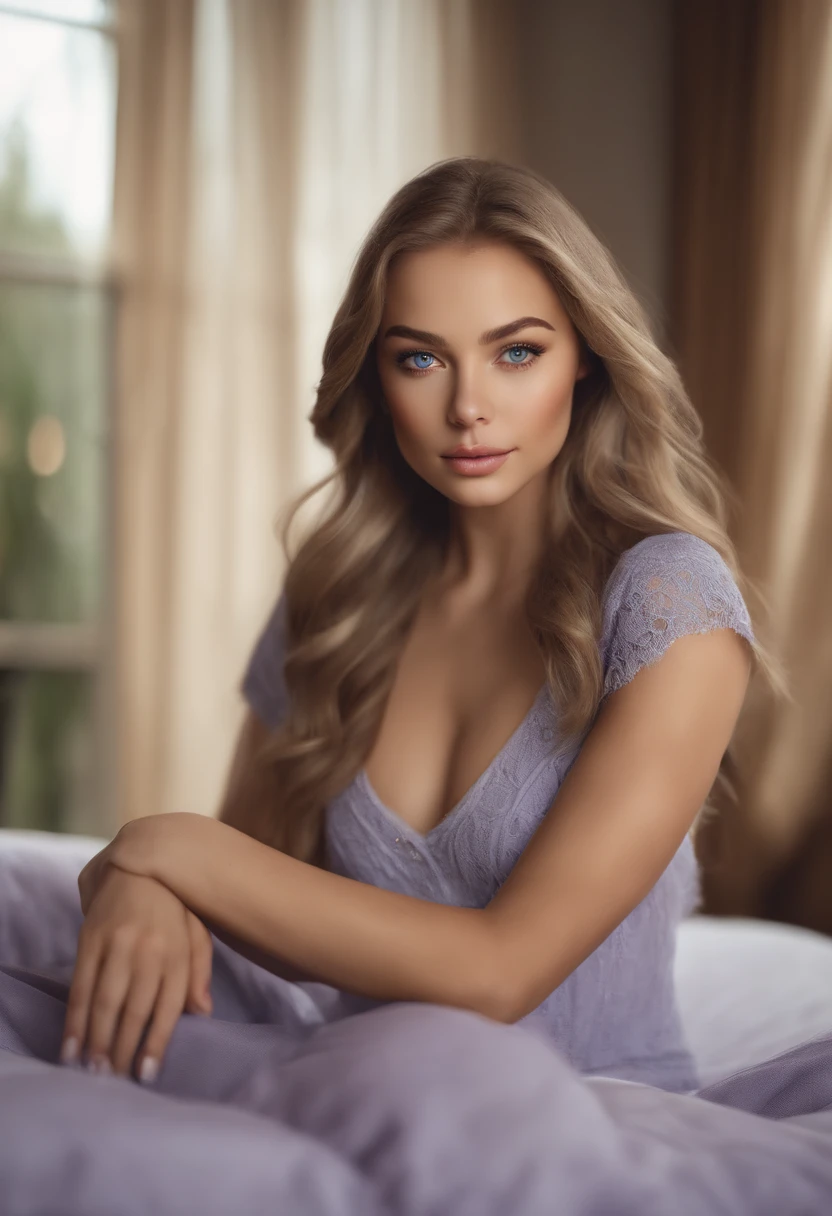 Arafed woman in full , Sexy girl with blue eyes, ultra realistis, Meticulous detail, portrait sophie mudd, blonde hair and large eyes, selfie of a young woman, bedroom eyes, violet myers, no makeup, natural makeup, looking straight at camera, face with artgram, fine makeup, Stunning full-length shot, kneeling on the bed, in bedroom, Bust of large size
