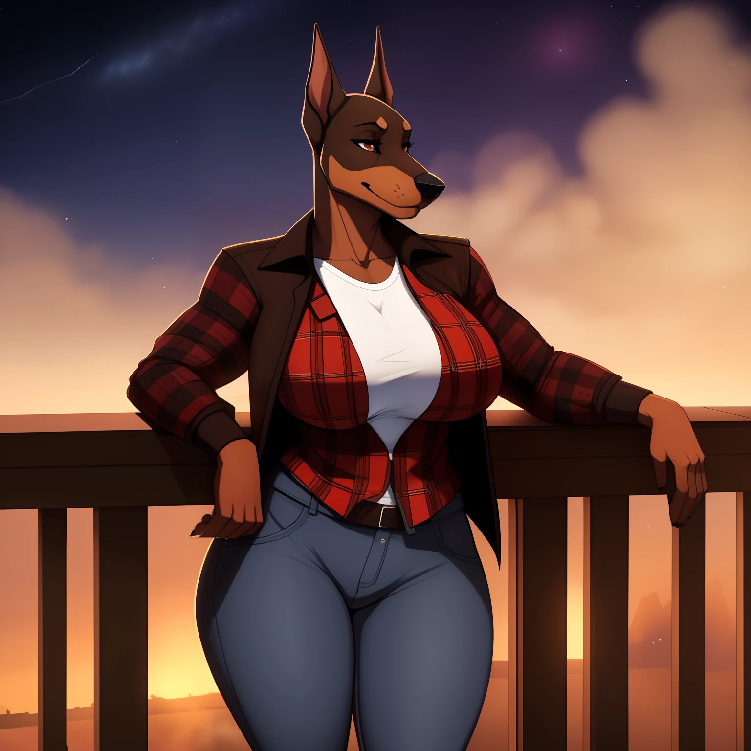 Very_muscular_mature_doberman female dark_brown_two-tone_furry_body brown_eyes milf plaid_jacket white_t-shirt jeans leaned_back starry_sky back_porch wife solo Masterpiece best_quality absurdres highly_detailed cleanly_drawn_eyes anthro_only large_breasts by_claweddrip, by_greasymojo, by_underscore-b, by_runawaystride