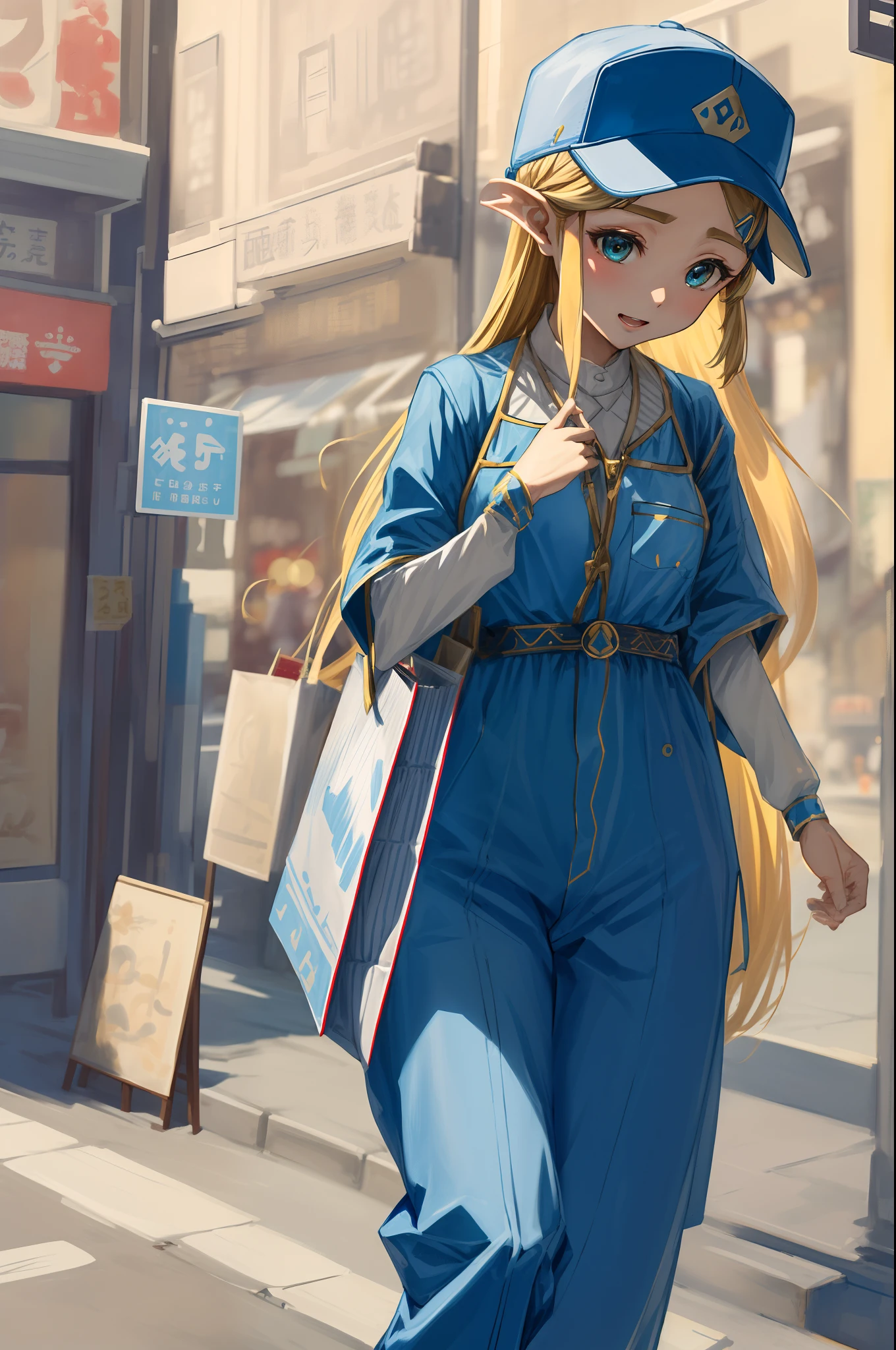 masterpiece, best_quality, 1girl in, 独奏, princess zelda, Nintendo, The Legend of Zelda, (Coveralls、shopping、Putting on a hat)、department store、In the street