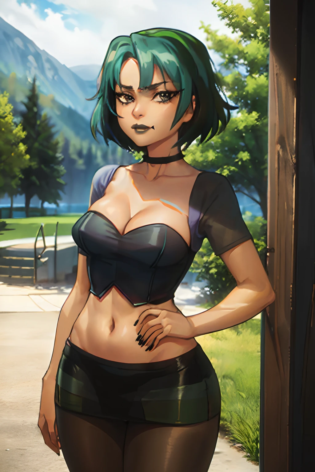 (masterpiece, best quality:1.2),  gwen (total drama), 1girl, pantyhose, breasts, solo, cleavage, skirt, green hair, black nails, choker, short hair, black skirt, makeup, brown eyes, gothic, black choker, medium breasts, thighs, green lips, lipstick, navel, bangs, midriff, miniskirt, nail polish, lips, black lips, shirt, parted lips, upskirt, ass, pencil skirt, brown pantyhose, eyeshadow, straight-on, standing, outdoors