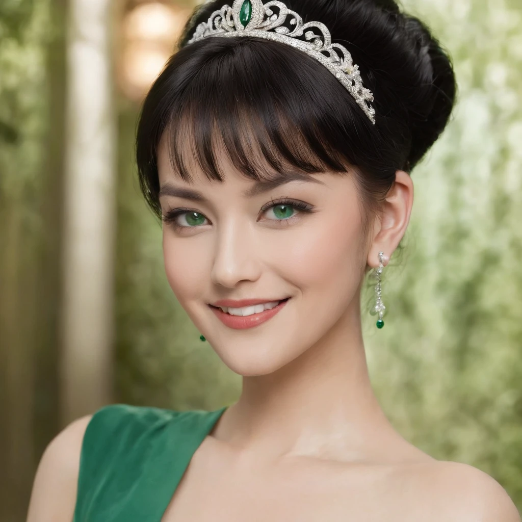 Boyish very short black hair, lipsticks, Japan woman smiling, Green Long Grove,　Emerald Tia boyish very short black hair, lipsticks, Japan woman smiling, Satin green long gloves, Green Pearl Necklace, verd s eyes, Green eyes, Long green gloves made of satin material, big breasts beautiful, Green Bridal Veil, Green eyes, Emerald Earrings,emerald tiara, Green eyes