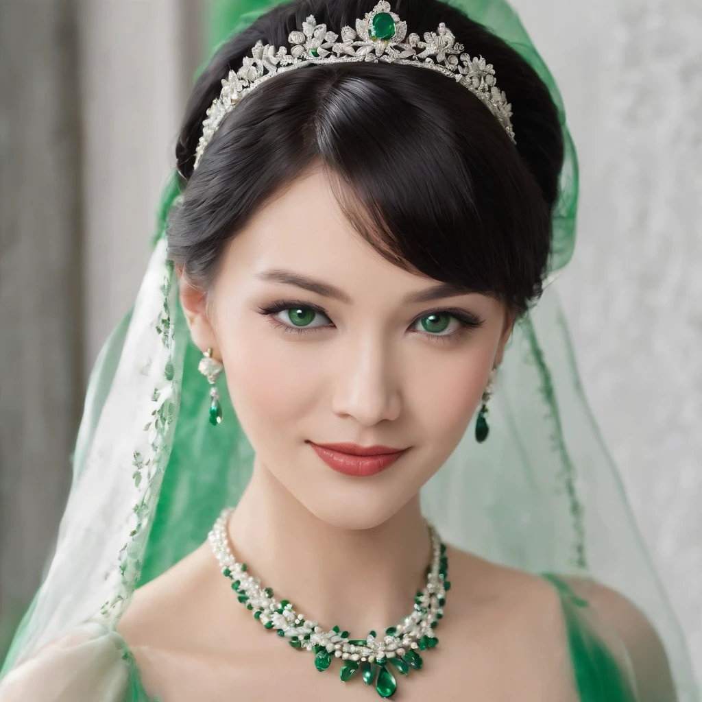 Boyish very short black hair, lipsticks, Japan woman smiling, Green Long Grove,　Emerald Tia boyish very short black hair, lipsticks, Japan woman smiling, Satin green long gloves, Green Pearl Necklace, verd s eyes, Green eyes, Long green gloves made of satin material, big breasts beautiful, Green Bridal Veil, Green eyes, Emerald Earrings,emerald tiara, Green eyes
